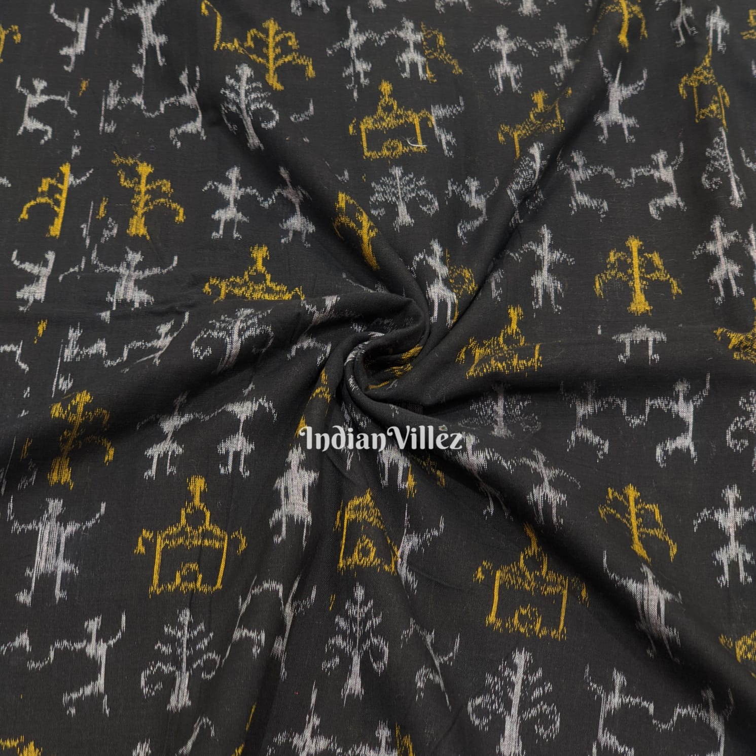 Black Tribal Theme Sambalpuri Ikat Cotton Fabric