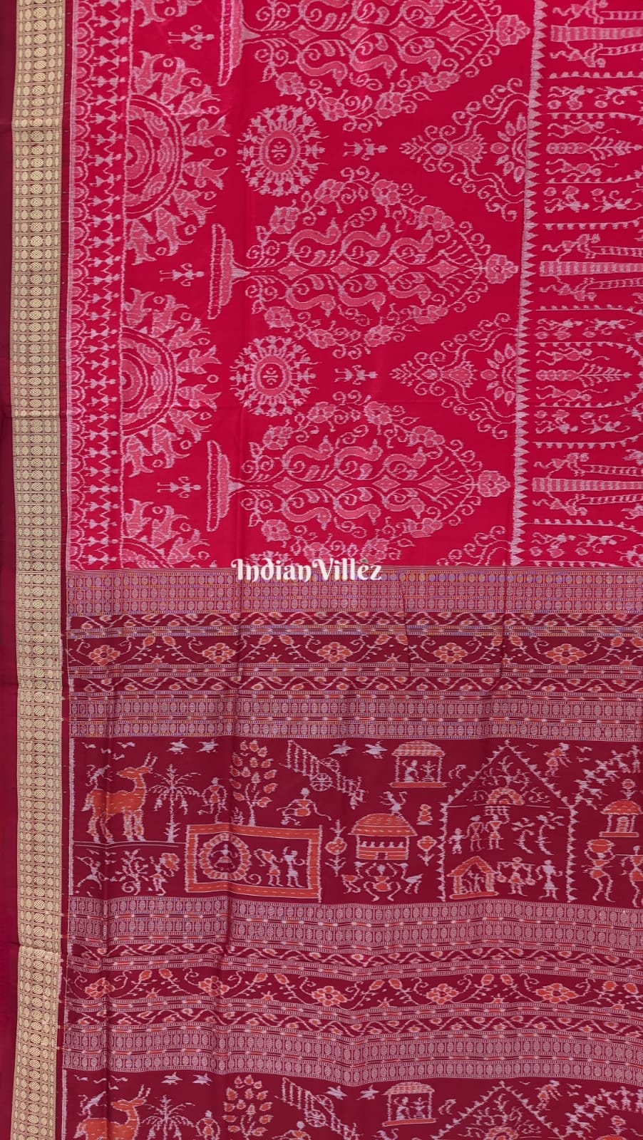 Red Tribal Theme Odisha Handloom Sambalpuri Ikat Silk Saree