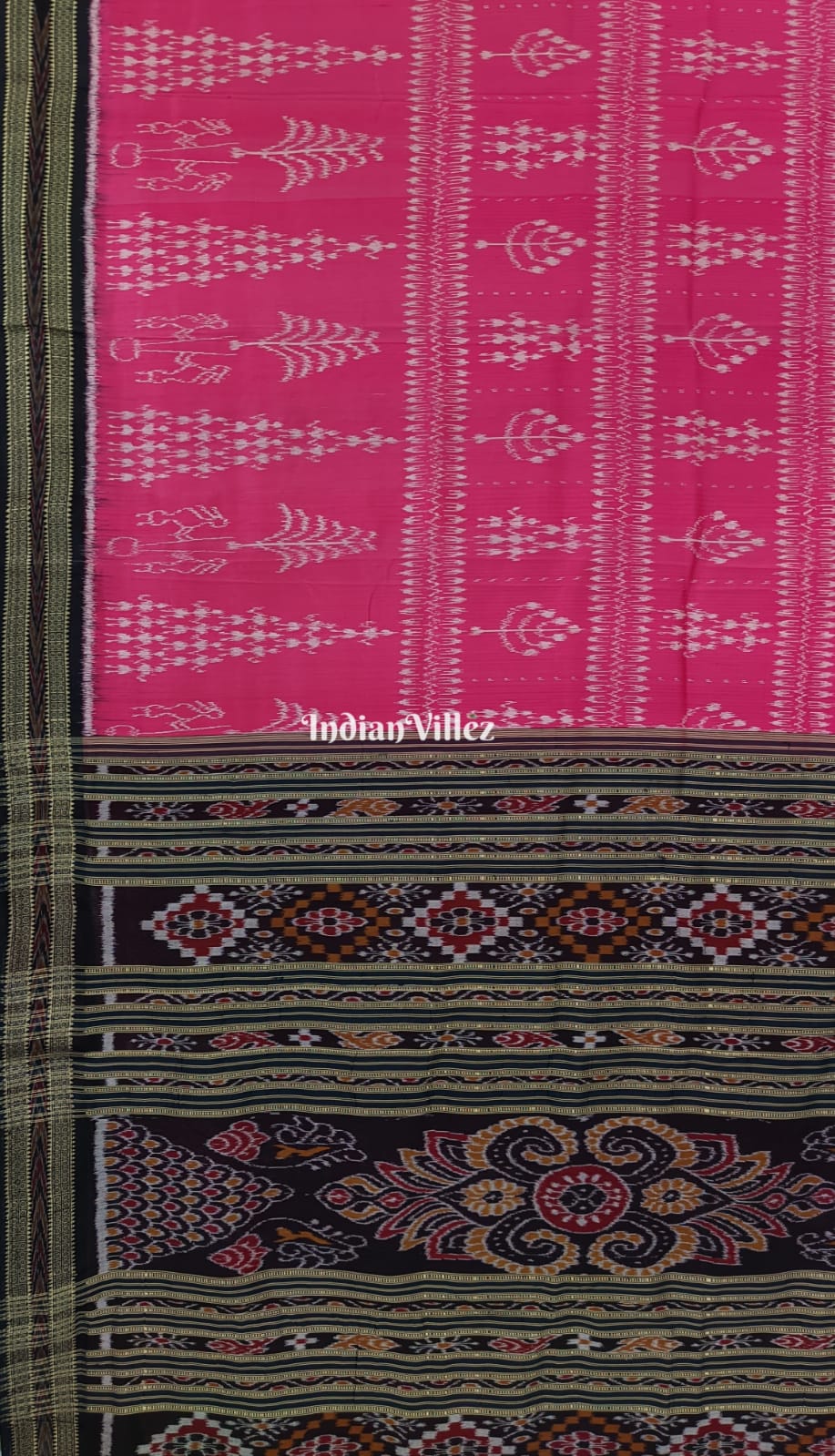Pink Tribal Theme Odisha Ikat Khandua Silk Saree with Small Animal Pallu
