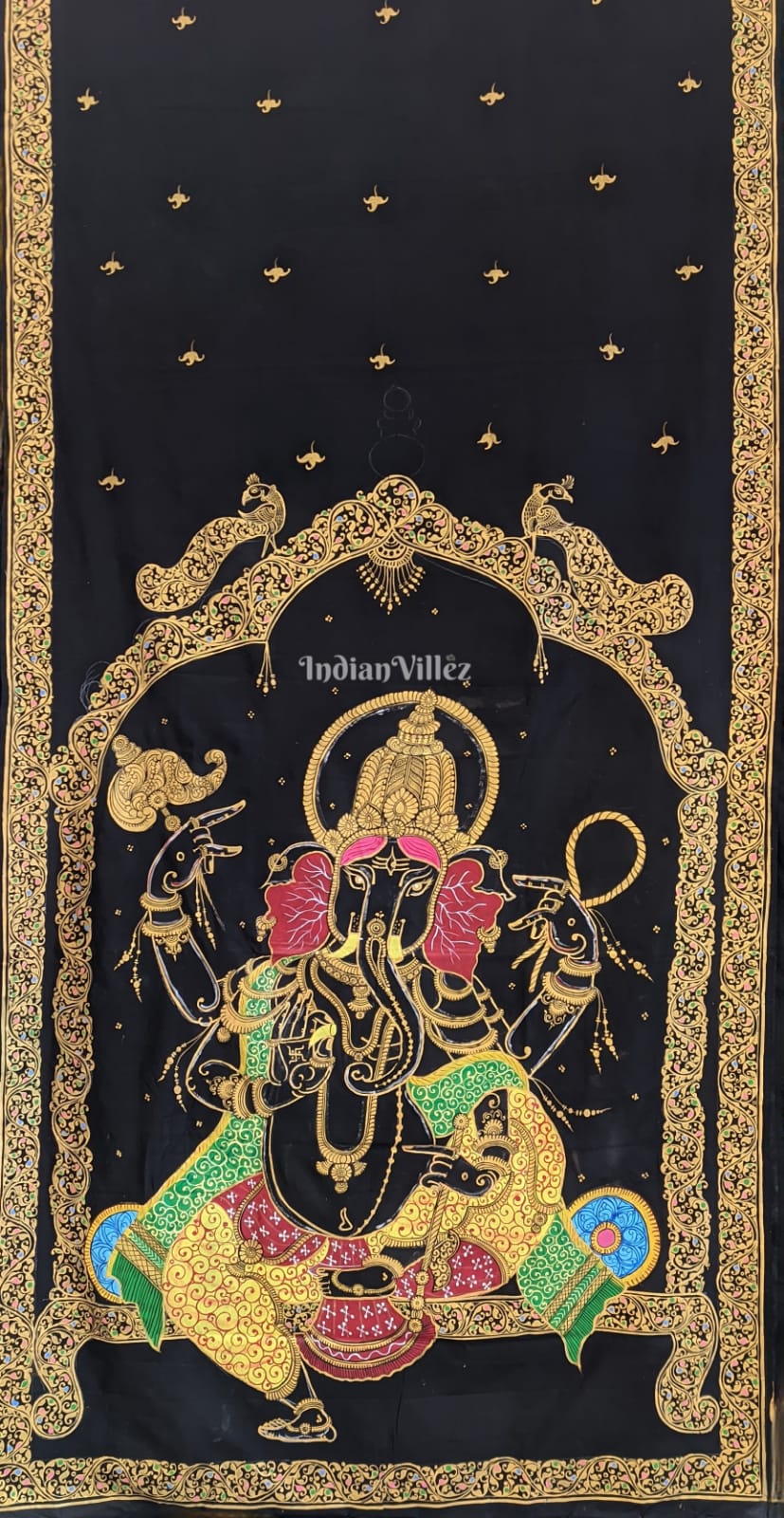 Black Shree Ganesh Pattachitra Art Pure Silk Saree