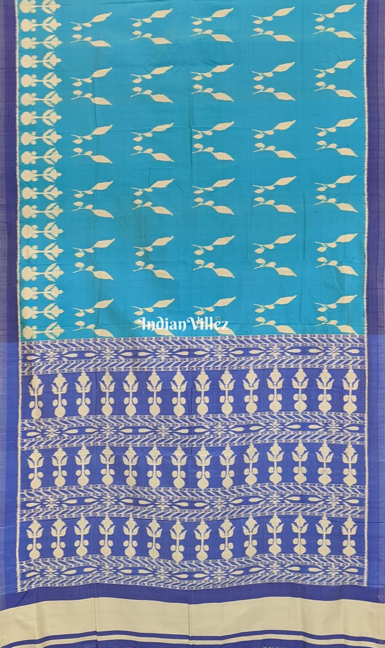 Sky Blue Bird Flower Design Odisha Ikat Contemporary Silk Saree
