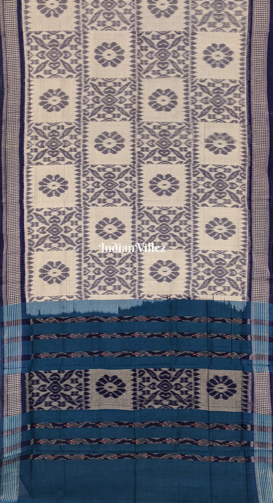 White Blue Computer Design Maniabandha Cotton Saree