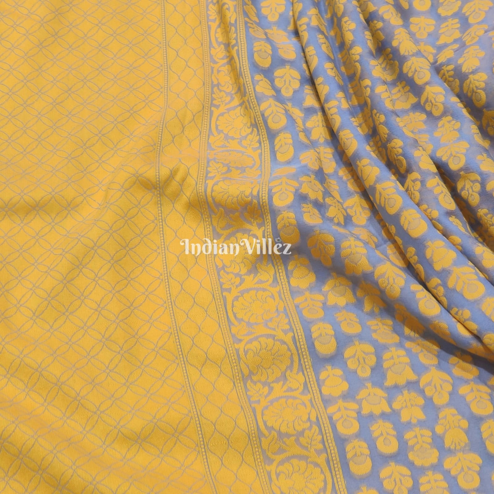 Yellow Flower Design Banarasi Khaddi Georgette Saree