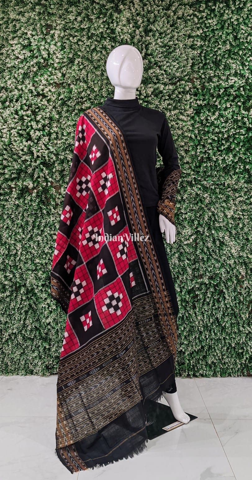 Red Black Odisha Ikat Pasapali Theme Cotton Dupatta