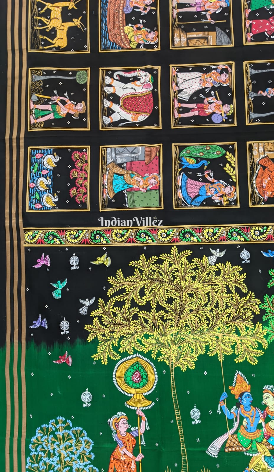 Green Box Design Krushna Leela Pattachitra on Kanjivaram Silk Saree