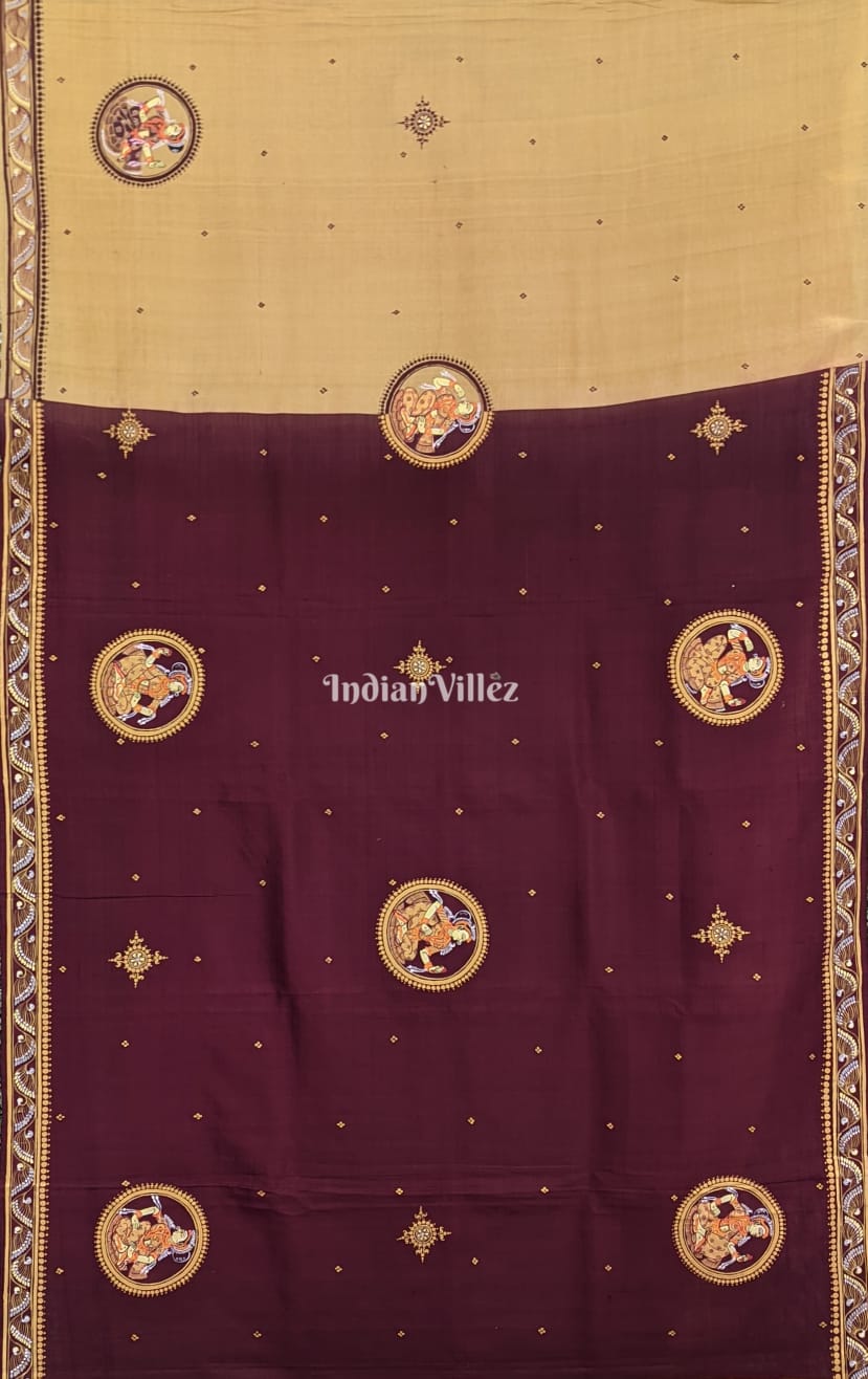 Half Yellow Coffee Odissi Dancer Pattachitra Pure Tussar Saree