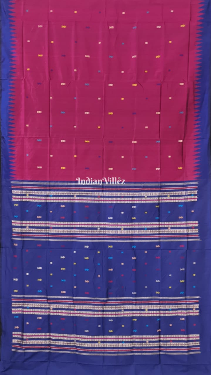 Dark Magenta & Blue Bomkai Silk Saree