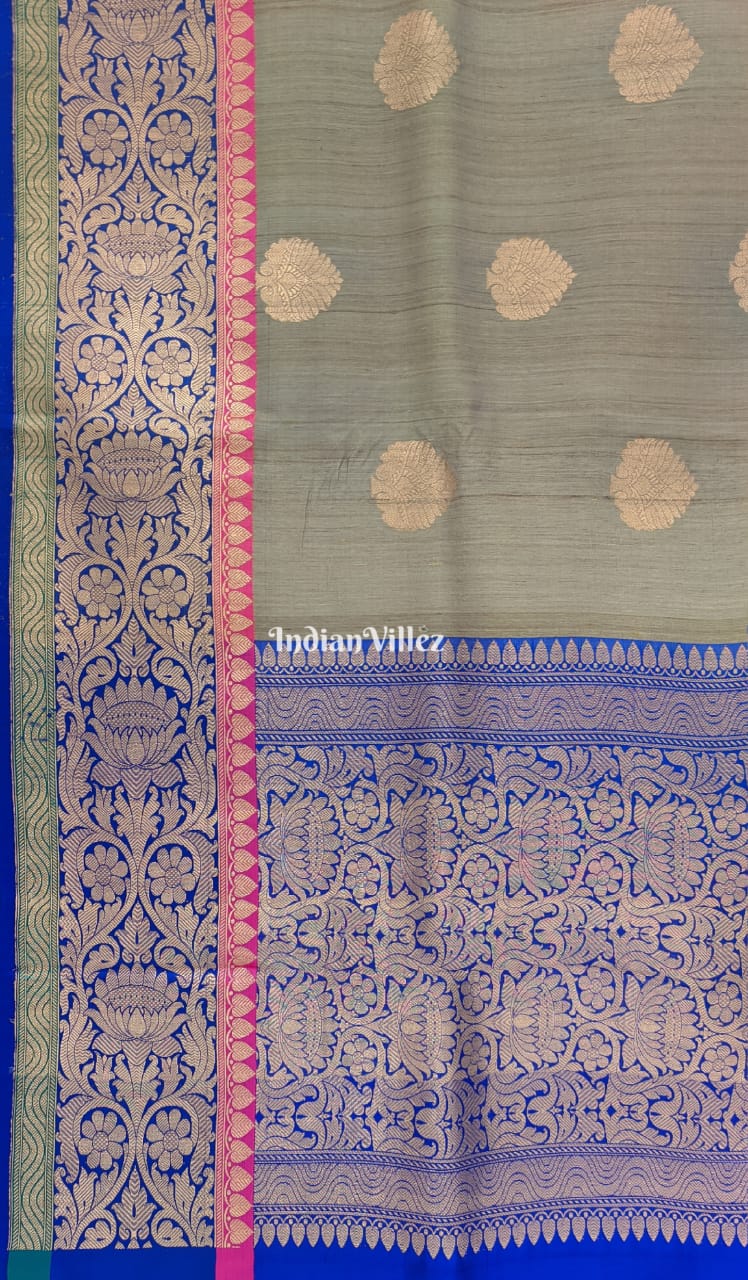 Blue-Grey Brocade Tussar Banarasi Handloom Silk Saree
