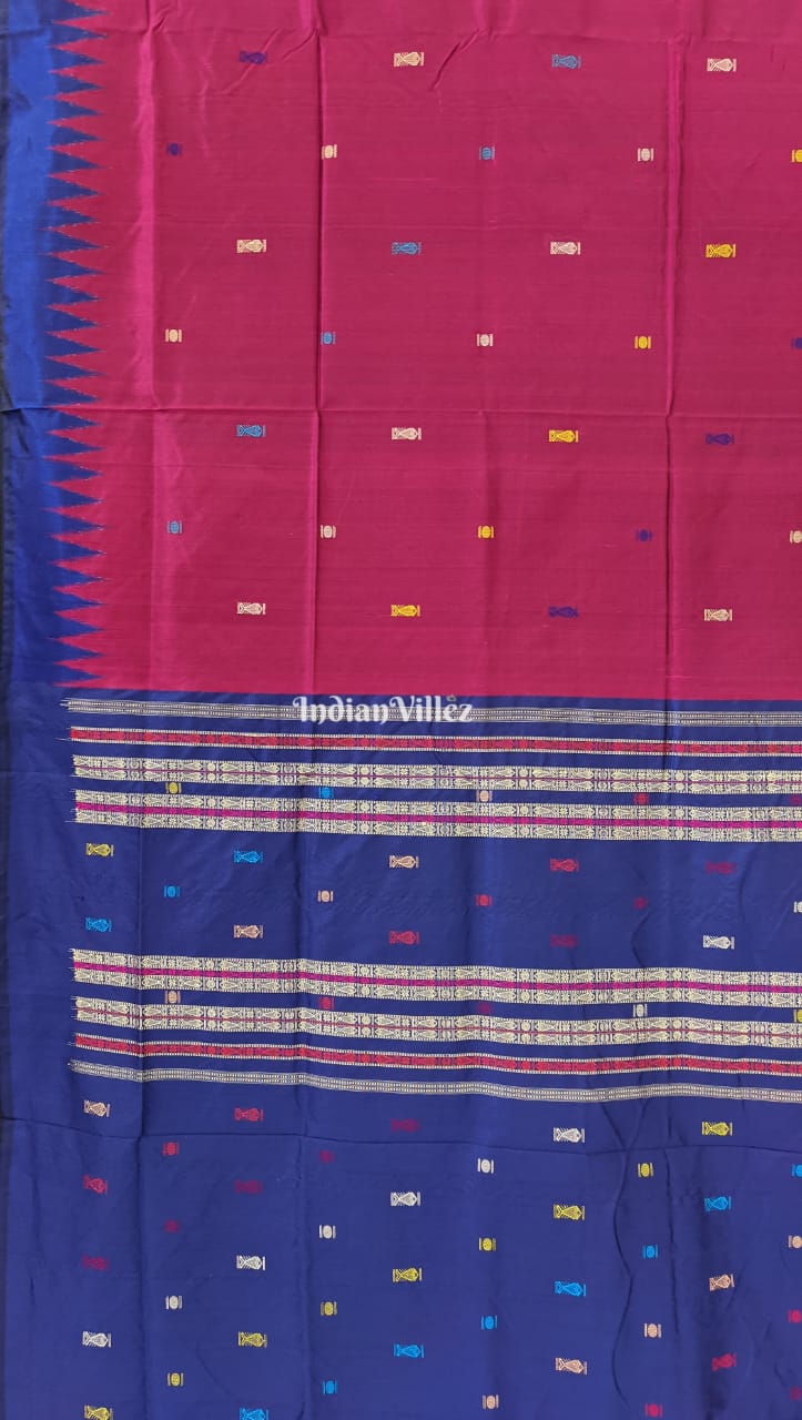 Dark Magenta & Blue Bomkai Silk Saree