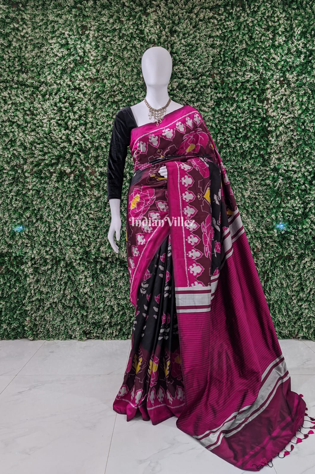 Lotus Rose Sankha Black & Ruby Contemporary Odisha Ikat Silk Saree