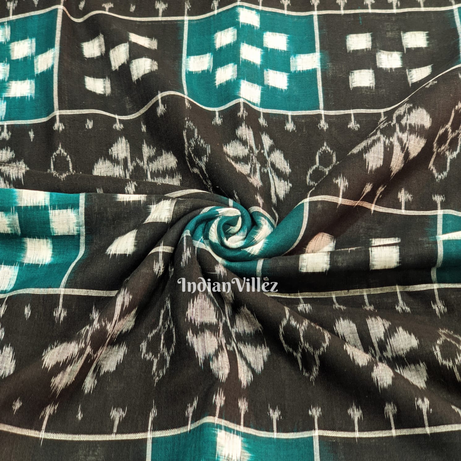 Black Sea Green Pasapali Theme Sambalpuri Cotton Fabric