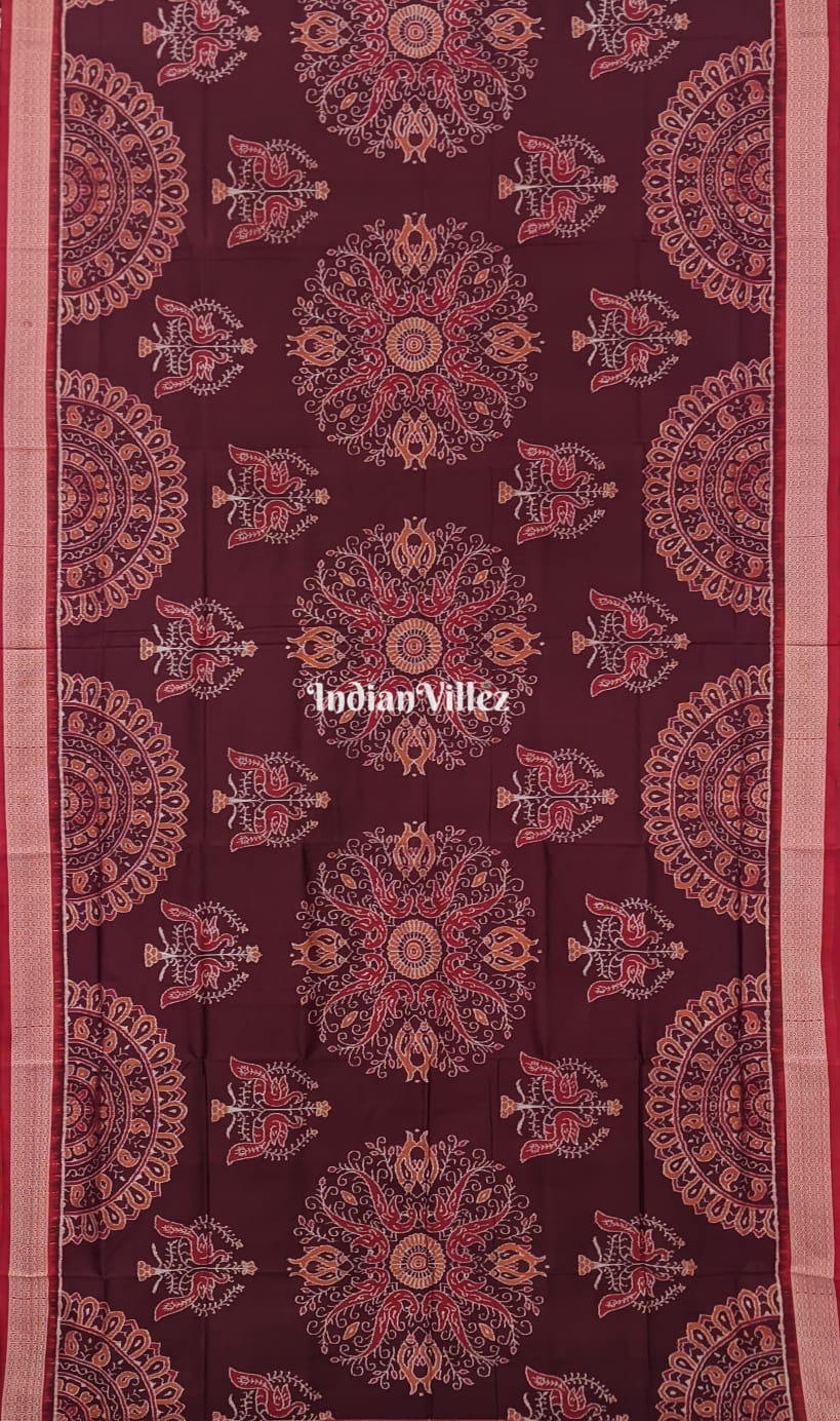 National Award Nominated Brown Red Peacock Bird Sambalpuri Silk Saree