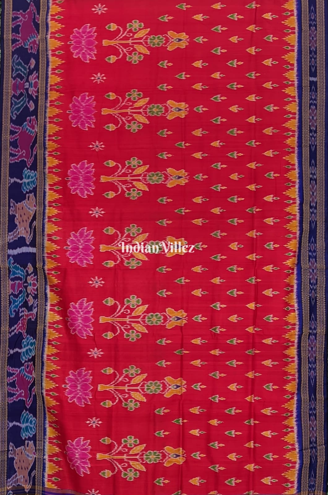 Red Forest Khandua Silk Saree with Thick Animal Border & Anchal (Revival Craft)