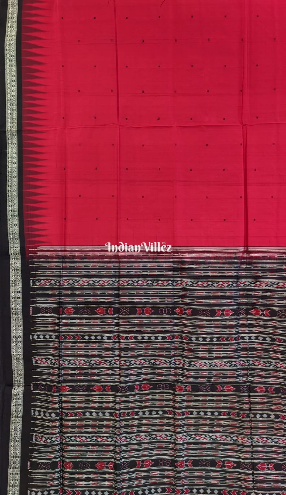 Red Sambalpuri Ikat Bomkai Silk Saree with  Fish Anchal