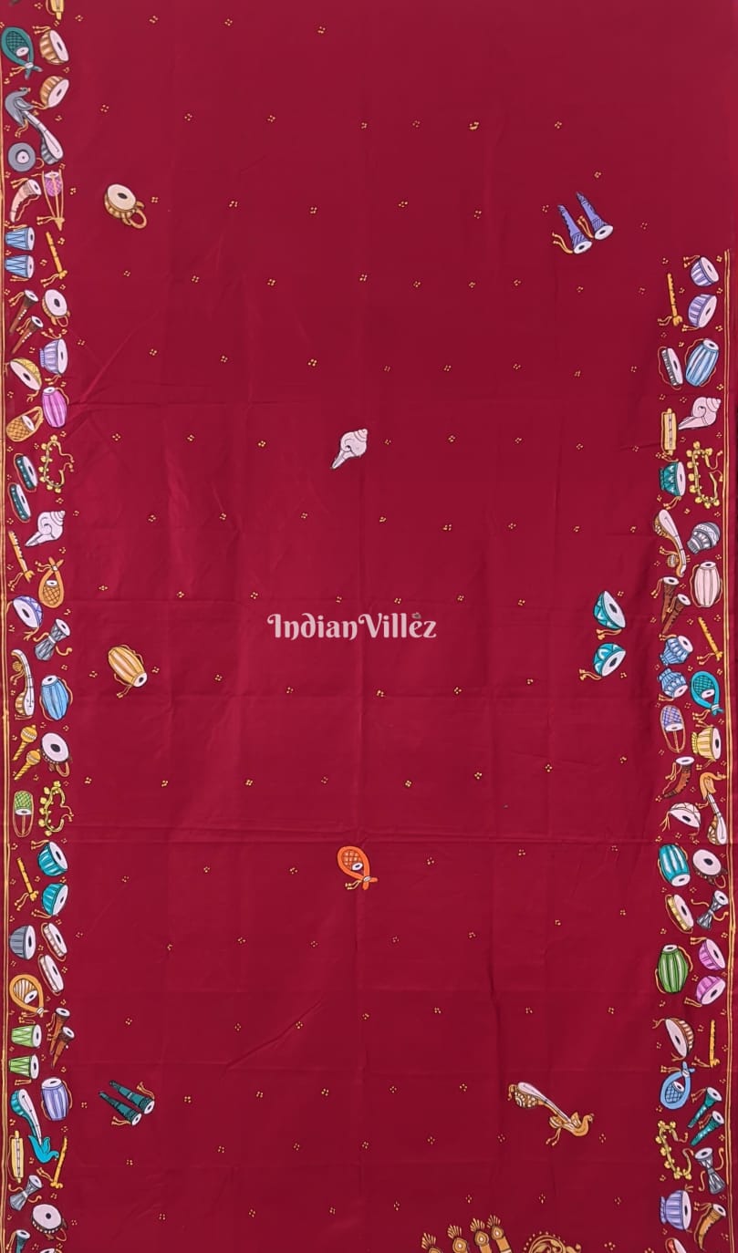 Maroon Sitar Instrument Pattachitra Art Pure Silk Saree