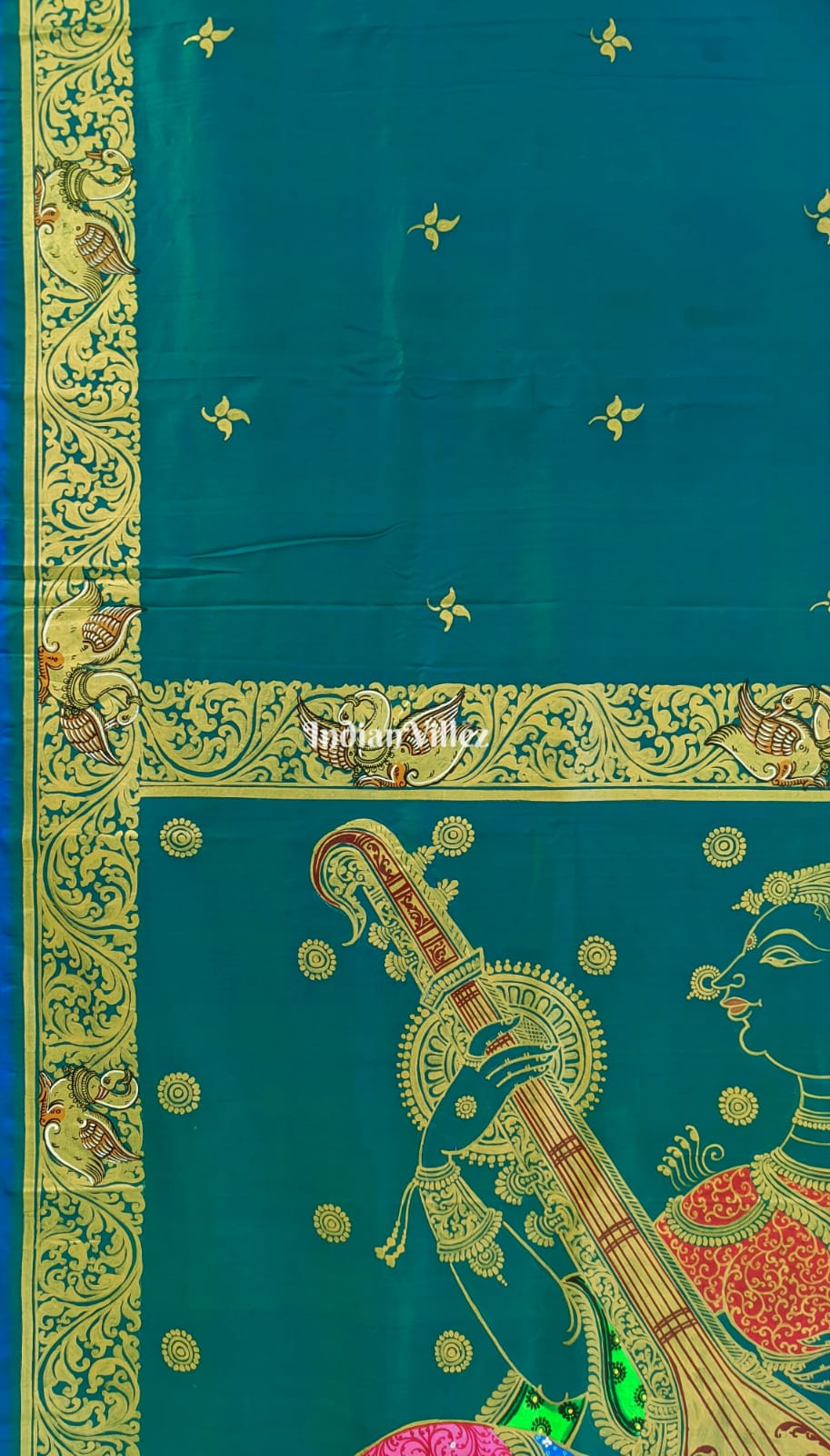 Sea Green Mata Saraswati Pattachitra Art Bishnupuri Silk Saree