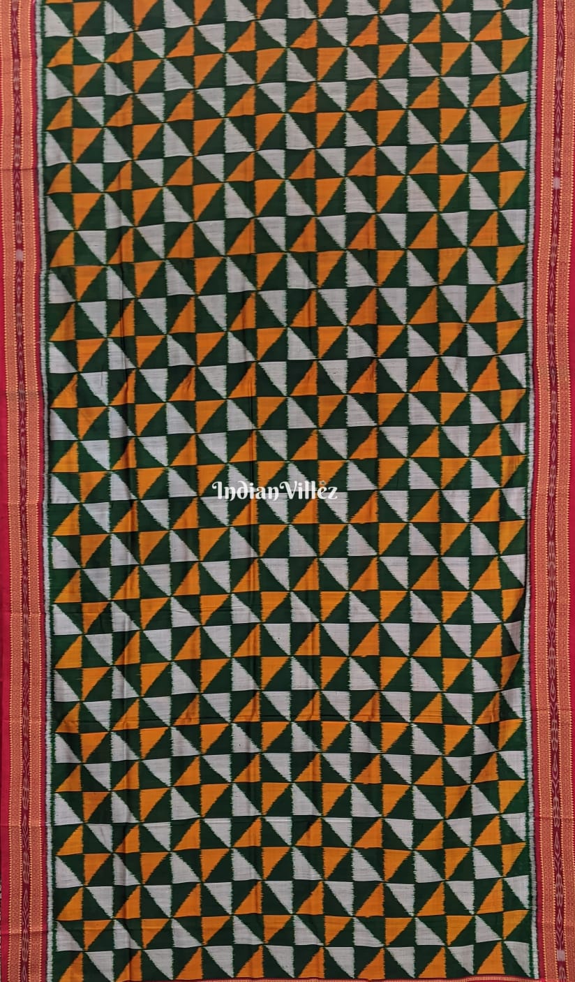 Zigzag White Green Yellow Odisha Ikat Khandua Silk Saree