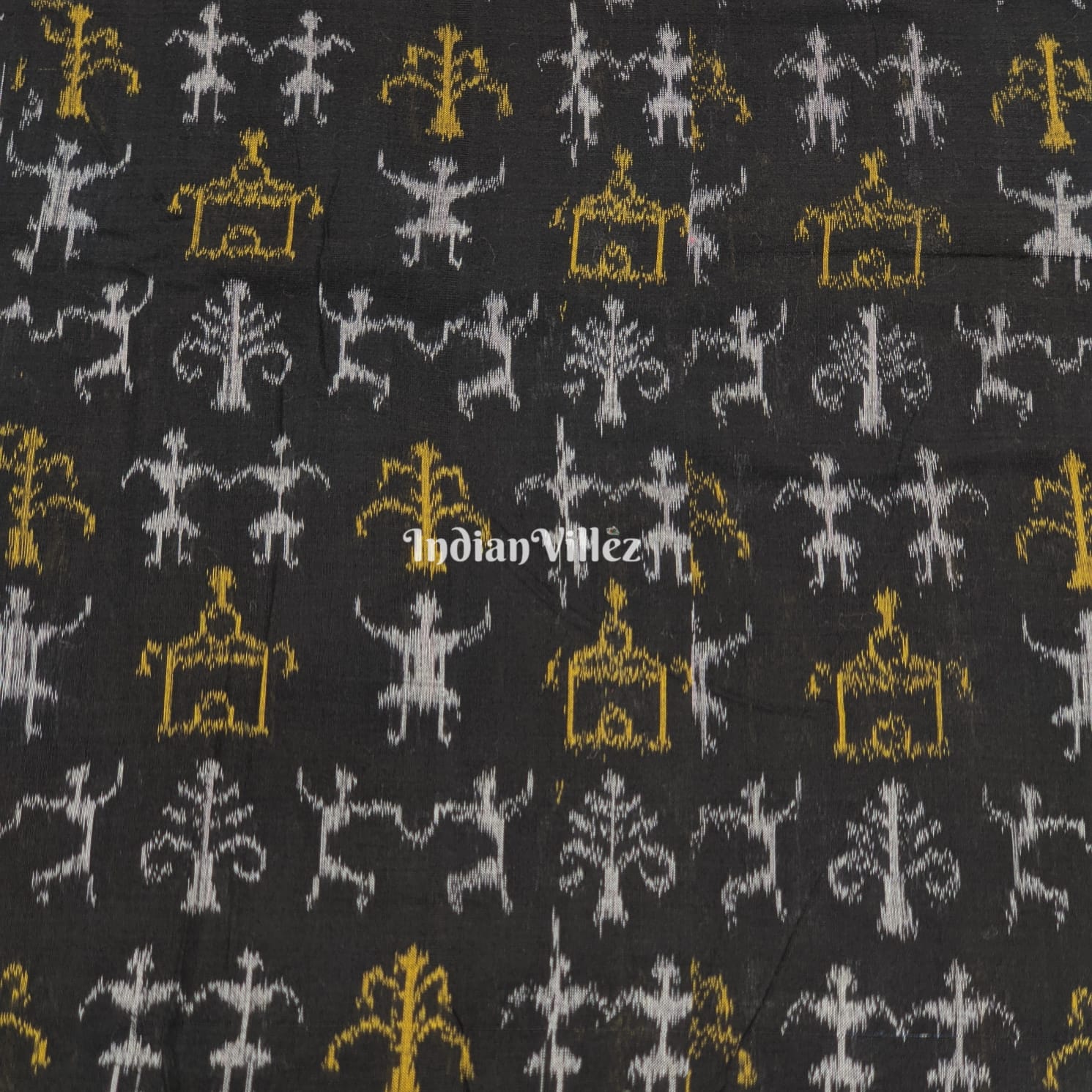Black Tribal Theme Sambalpuri Ikat Cotton Fabric