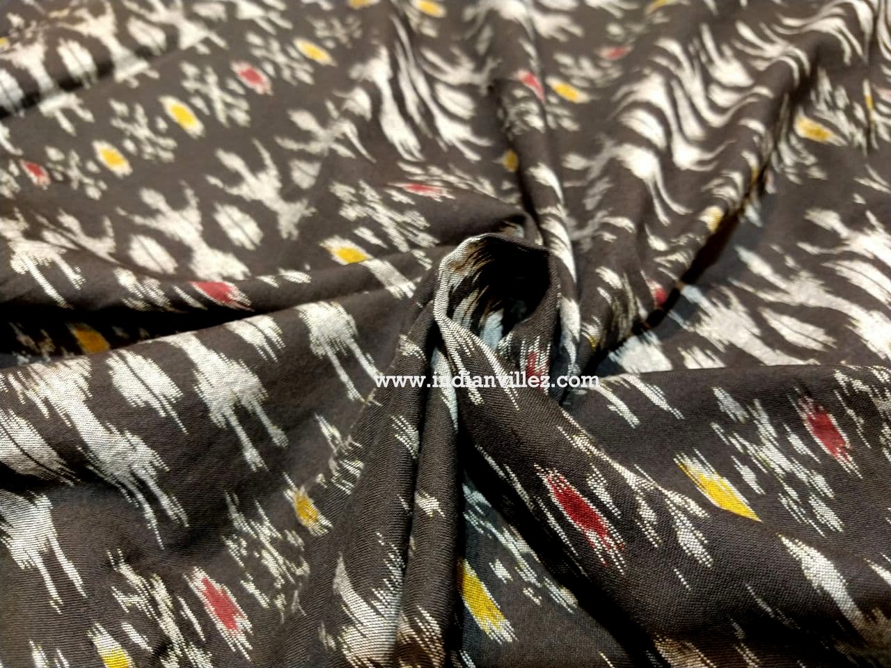 White Tribal on Black with Red & Yellow Motif Cotton Ikat Handloom Fabric - IndianVillèz