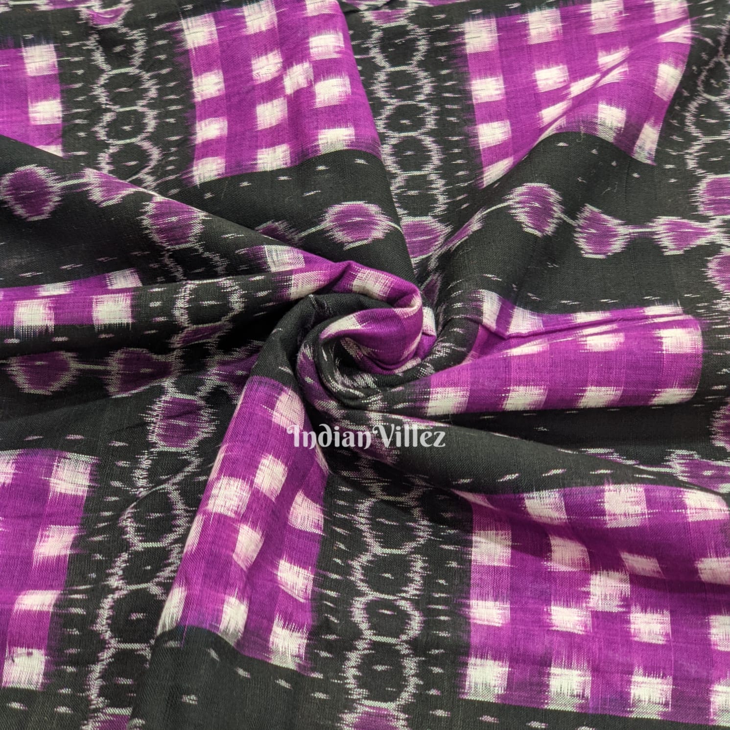 Black Purple Pasapali Theme Sambalpuri Ikat Cotton Fabric