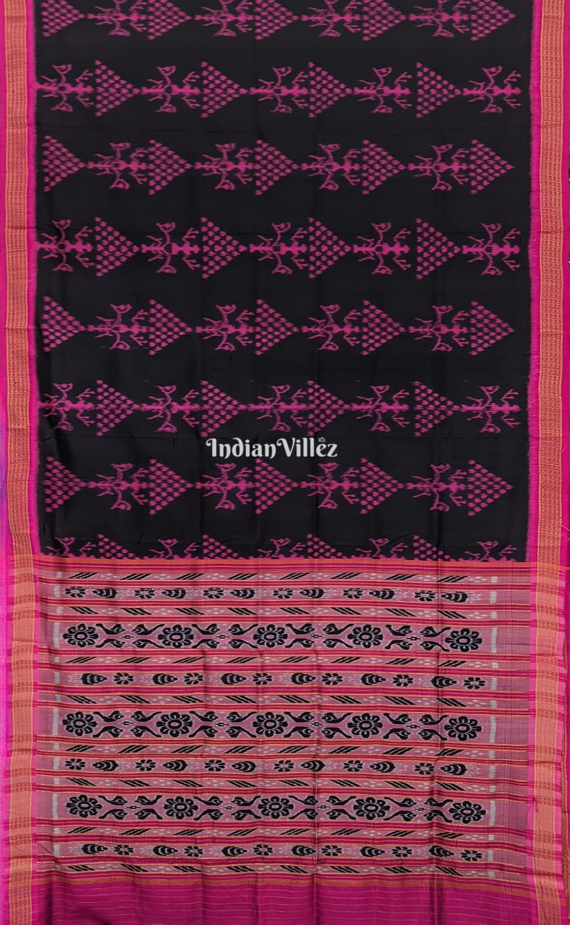 Black Pink Tribal Theme Odisha Ikat Khandua Silk Saree