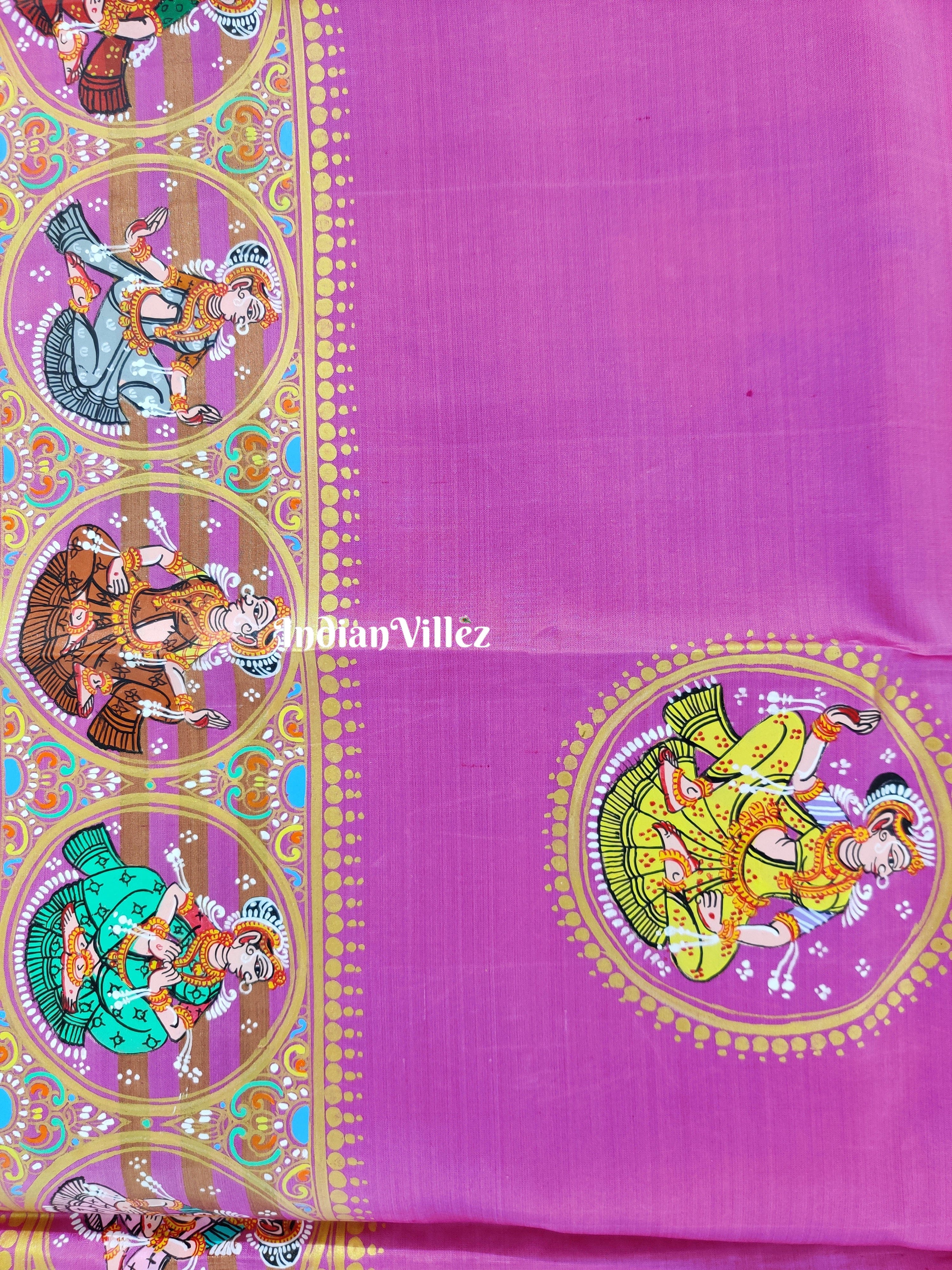 Bubblegum Pink Kandarpa Ratha Chariot Pattachitra on Kanjivaram Silk Saree