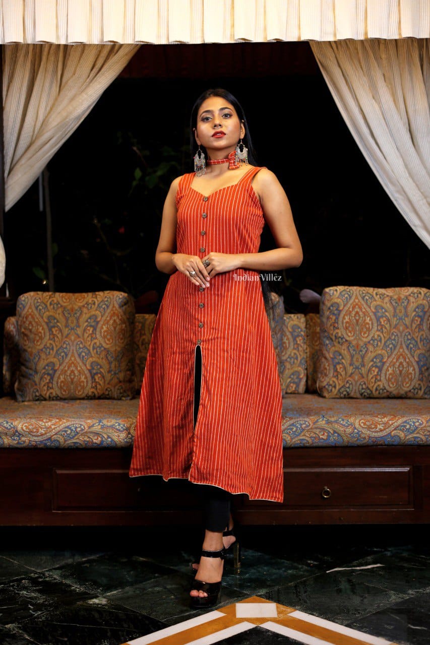 Orange Stripes Middle Slit Kotpad Cotton Handloom Kurti