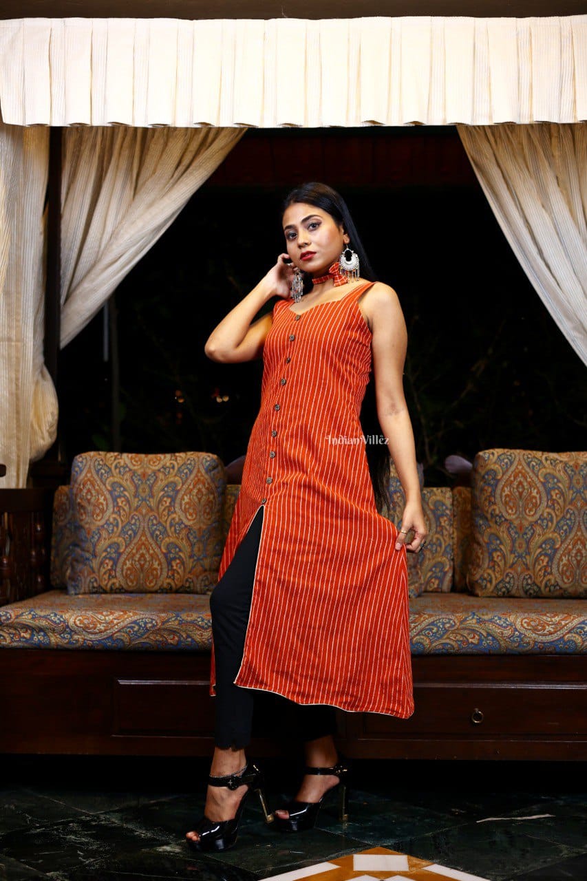 Orange Stripes Middle Slit Kotpad Cotton Handloom Kurti