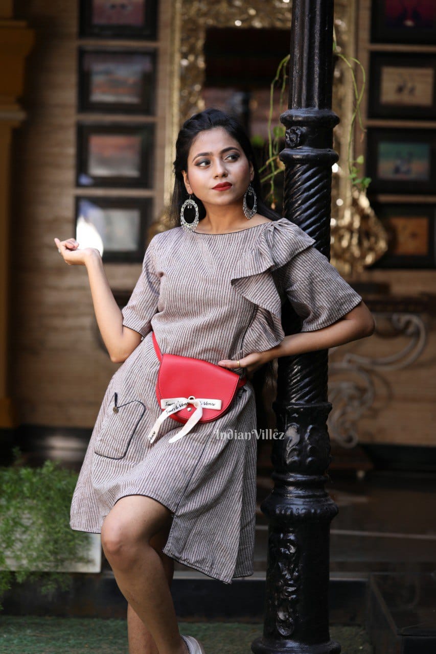 Grey Stripes Kotpad Handloom Cotton Shirt Dress for Women