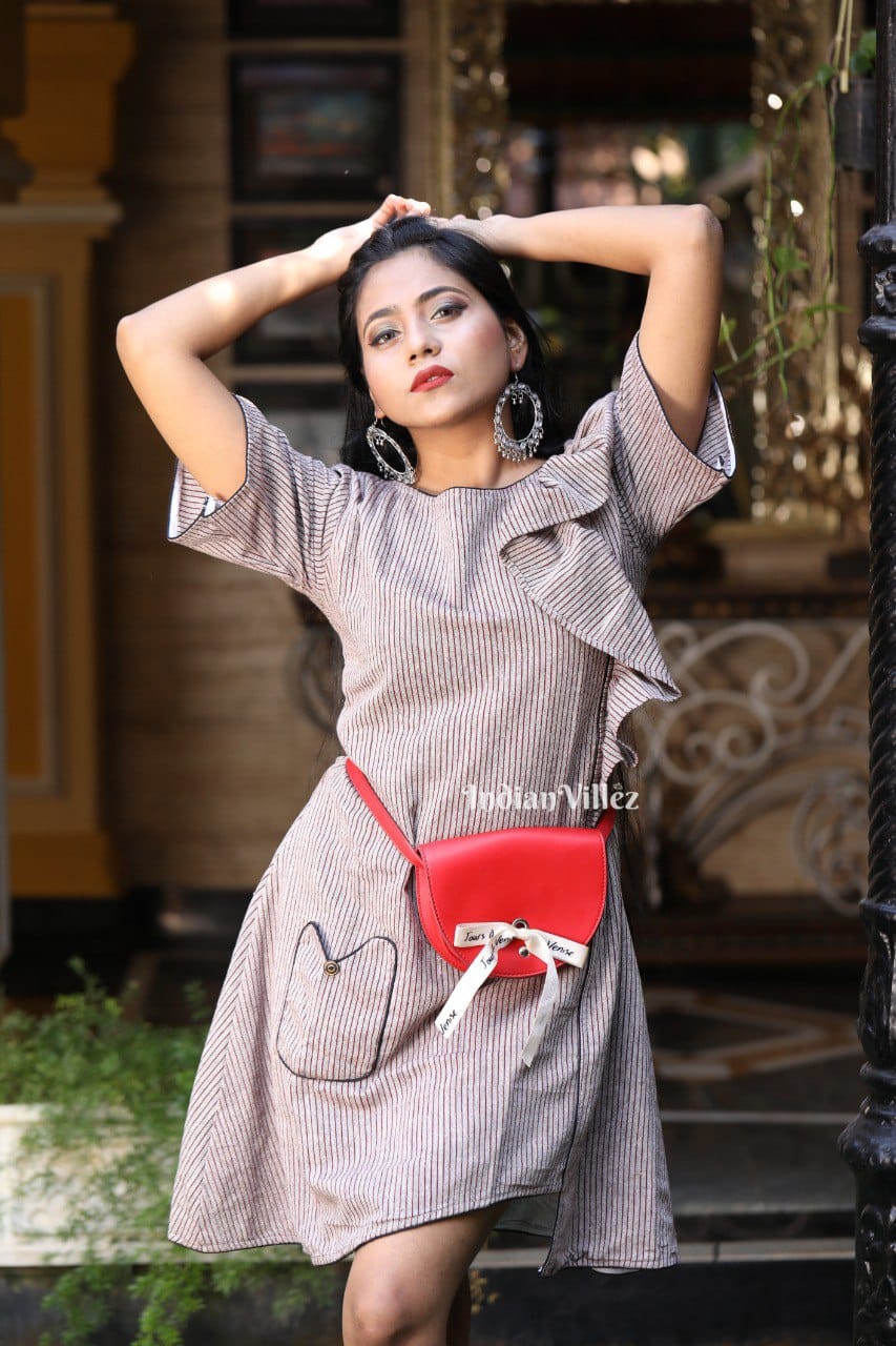 Grey Stripes Kotpad Handloom Cotton Shirt Dress for Women