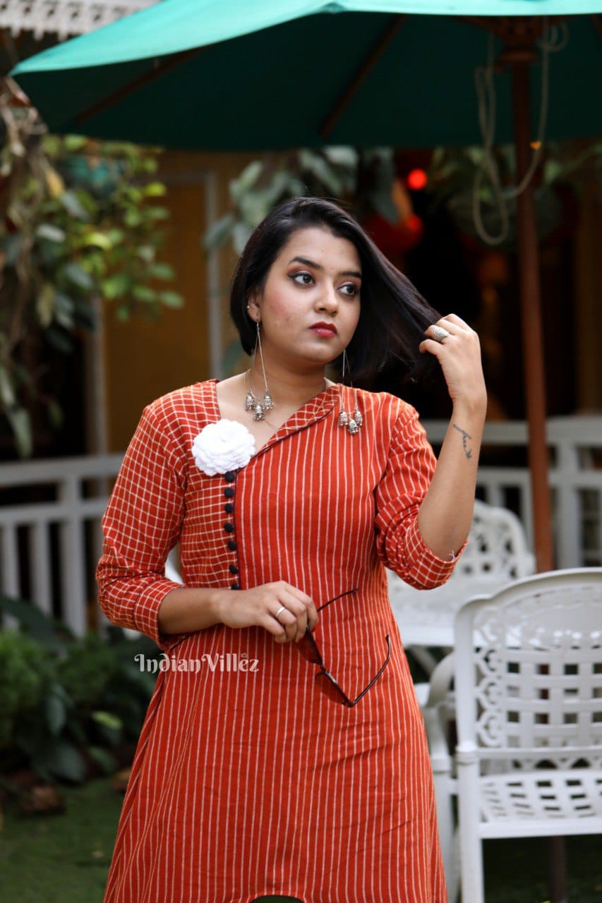 Orange Stripes Odisha Handloom Kotpad Cotton Kurti for Women