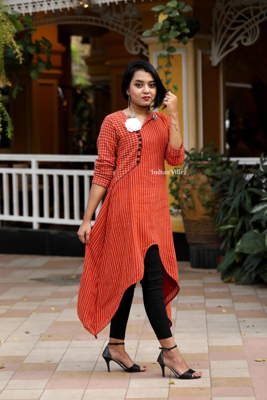 Orange Stripes Odisha Handloom Kotpad Cotton Kurti for Women