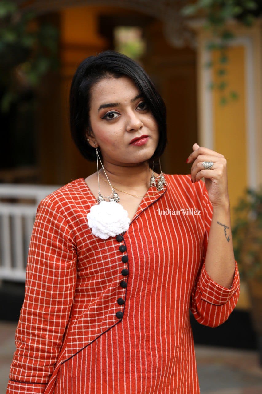 Orange Stripes Odisha Handloom Kotpad Cotton Kurti for Women