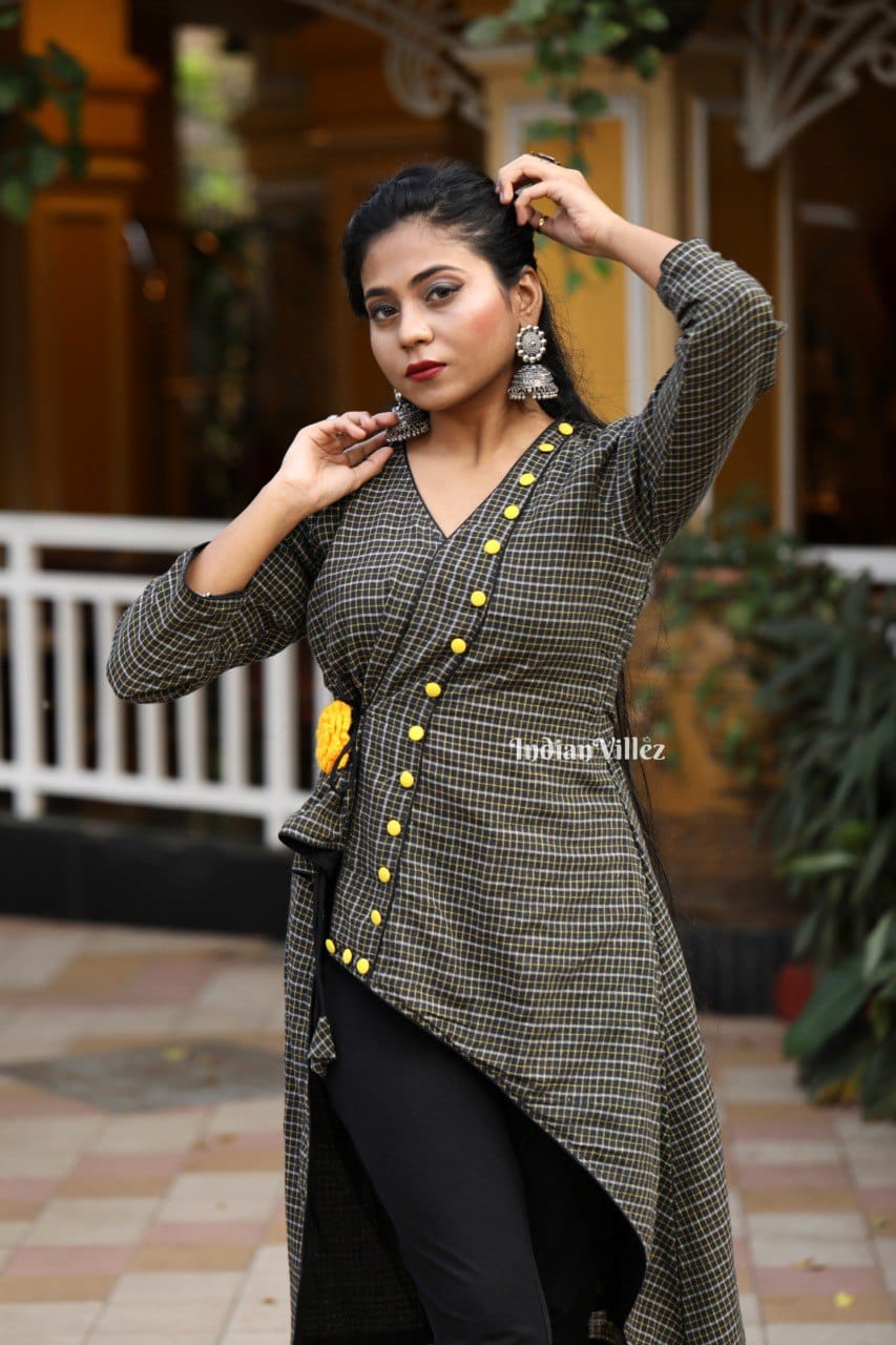 Black Checkered Kotpad Handloom Cotton Kurti for Women