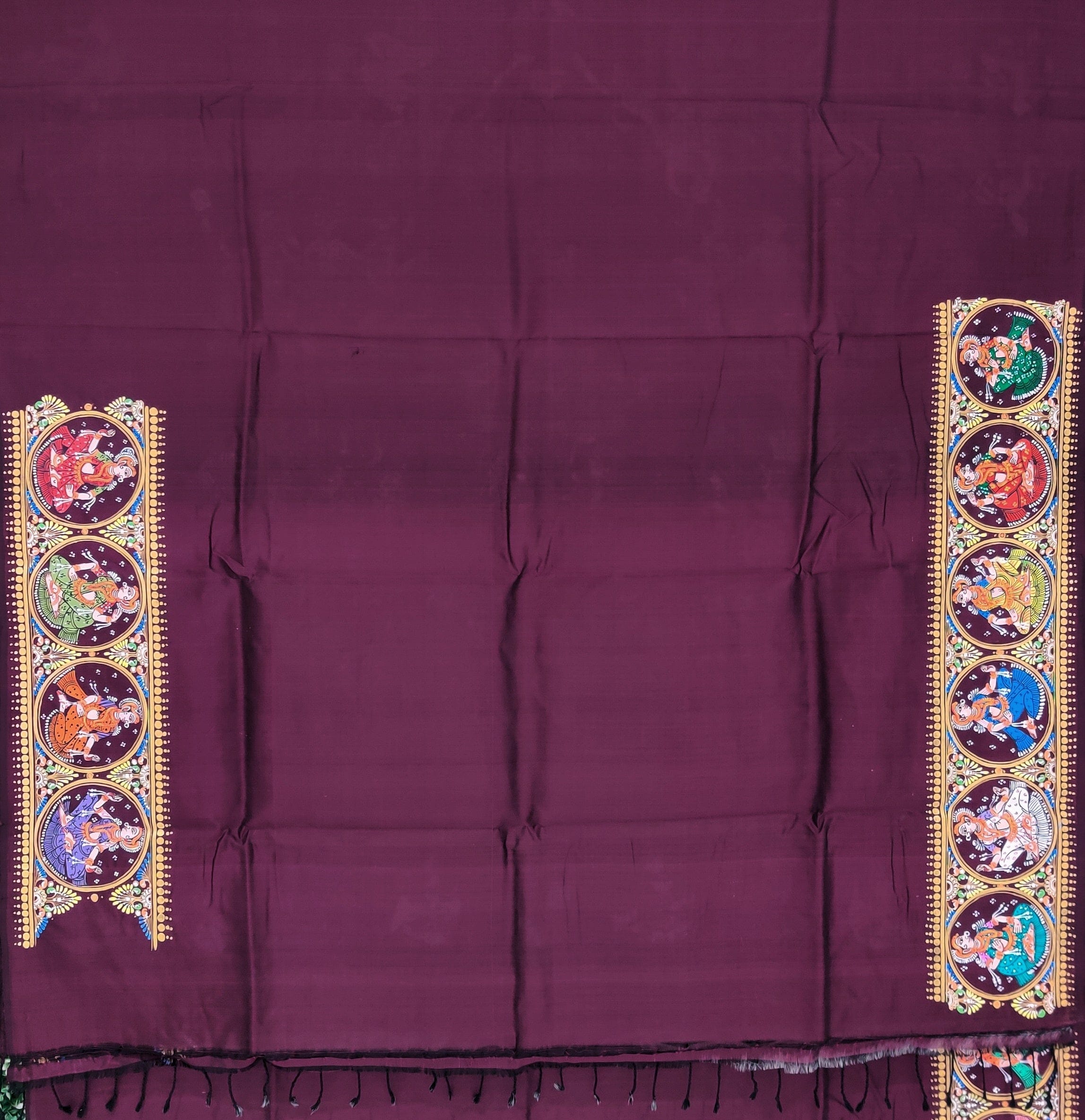Dark Maroon Kandarpa Ratha Chariot Pattachitra on Kanjivaram Silk Handloom Saree