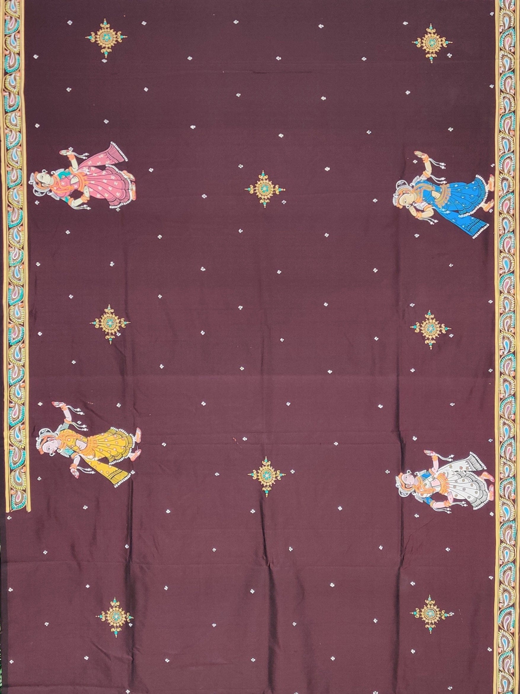 Marron Radha Krishna Rasaleela Pattachitra Silk Saree