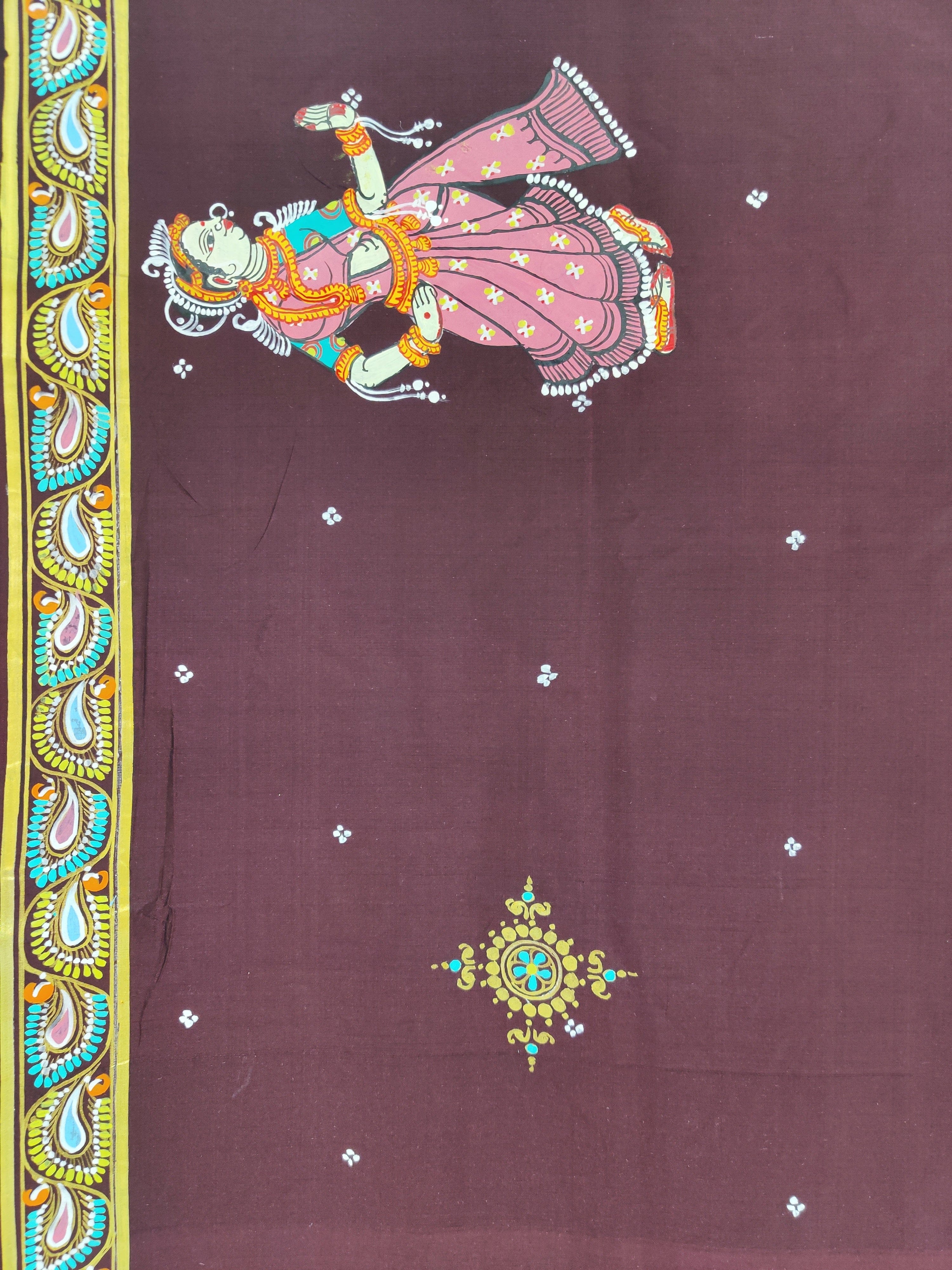 Marron Radha Krishna Rasaleela Pattachitra Silk Saree