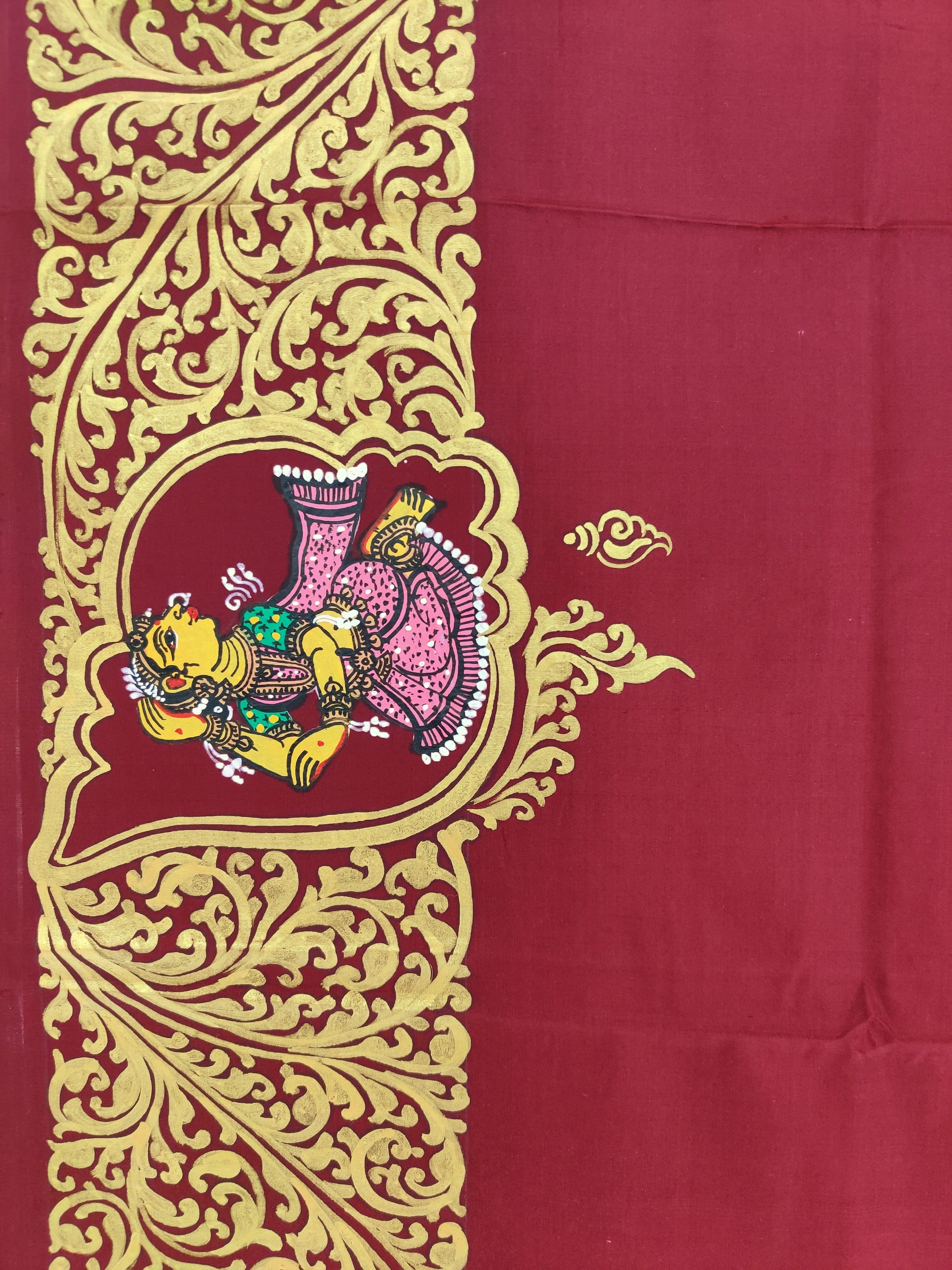 Maroon Sankha (Shell) Pattachitra on Kanjivaram Silk Saree