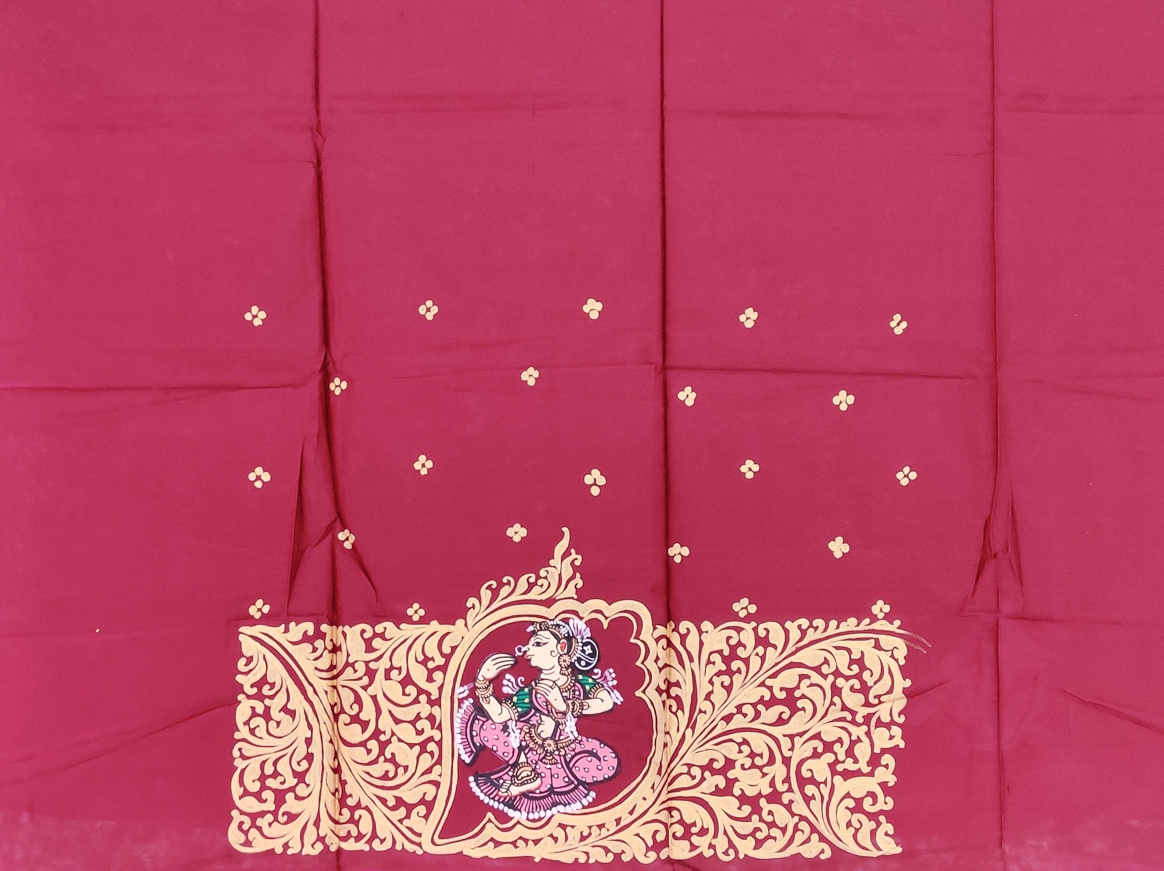 Maroon Sankha (Shell) Pattachitra on Kanjivaram Silk Saree