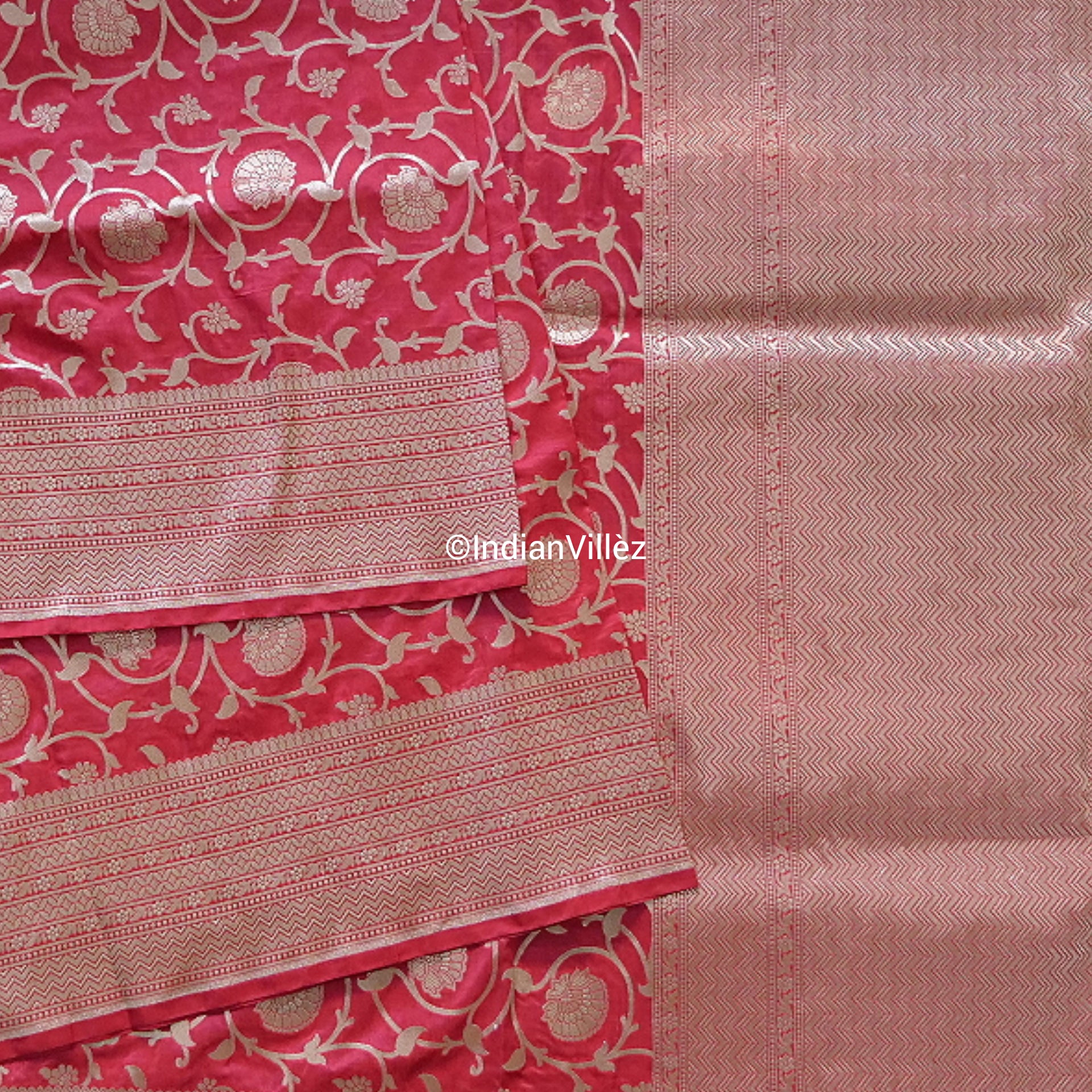 Raspberry Red Banarasi Kadwa Jaal Handloom Silk Saree - IndianVillèz