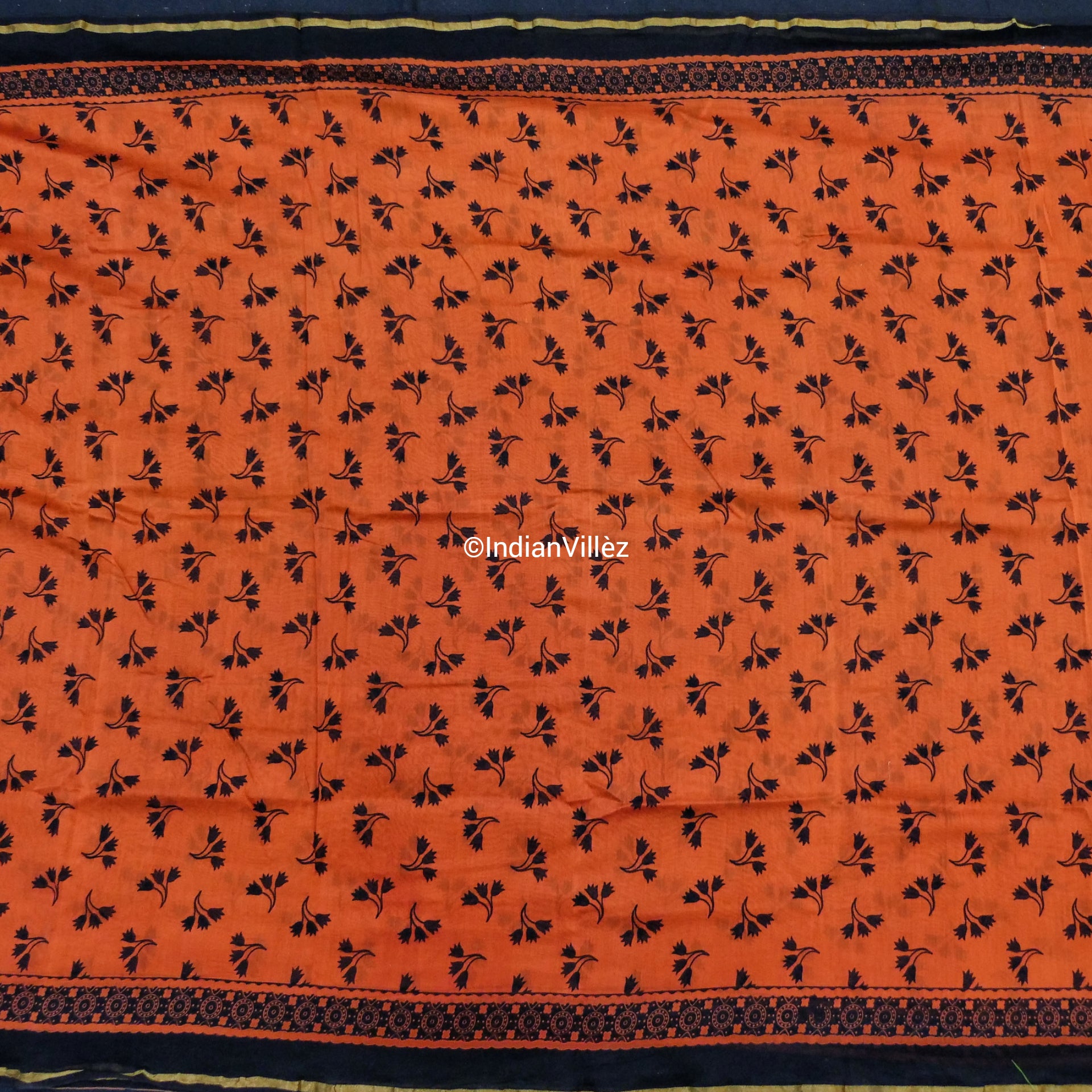 Orange Block Print Chanderi Silk Handloom Saree - IndianVillèz