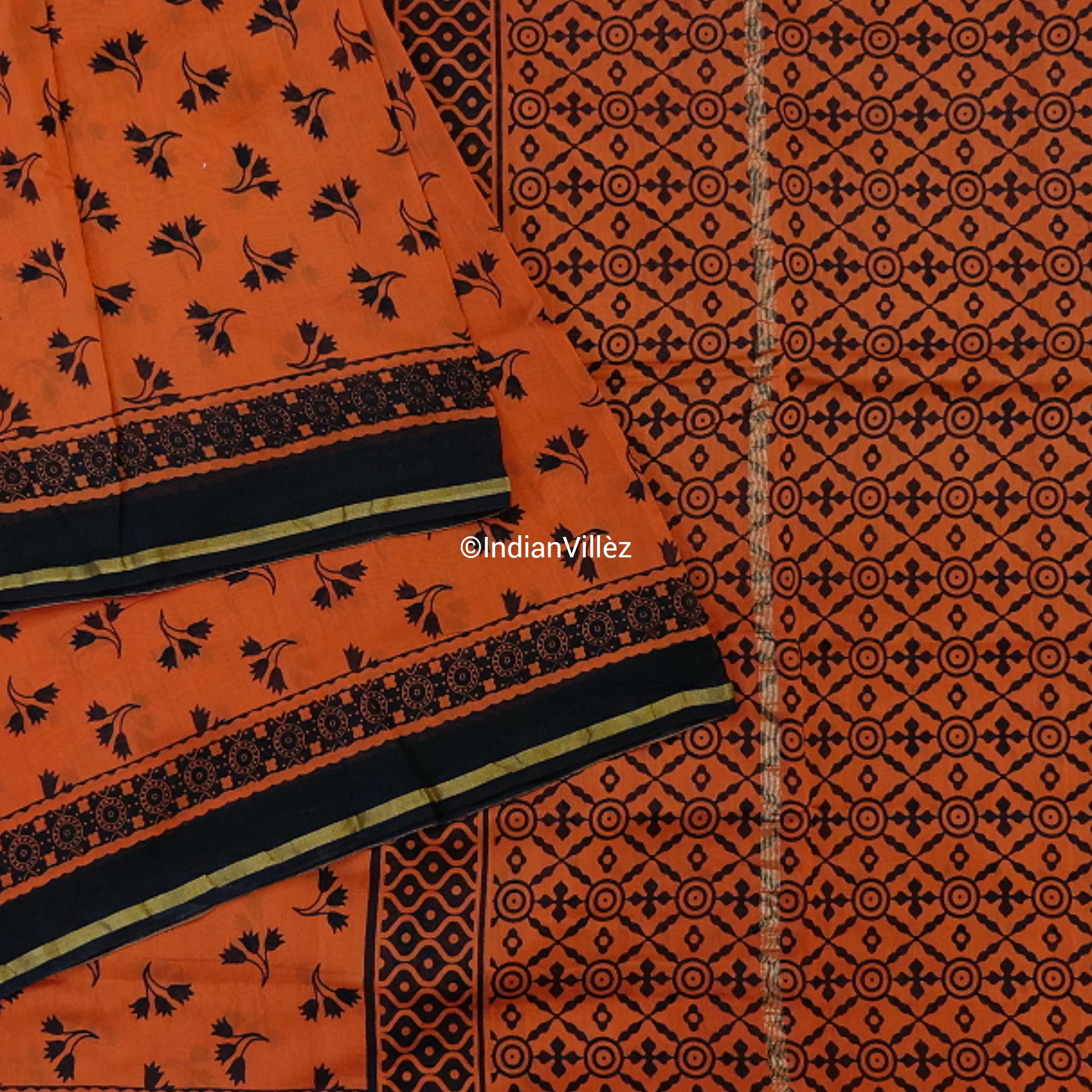 Orange Block Print Chanderi Silk Handloom Saree - IndianVillèz