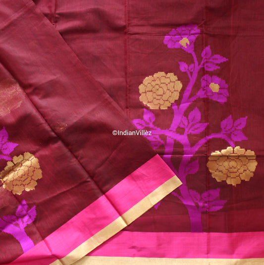 Magenta Floral Banarasi Handloom Saree (Cotton*Silk) - IndianVillèz