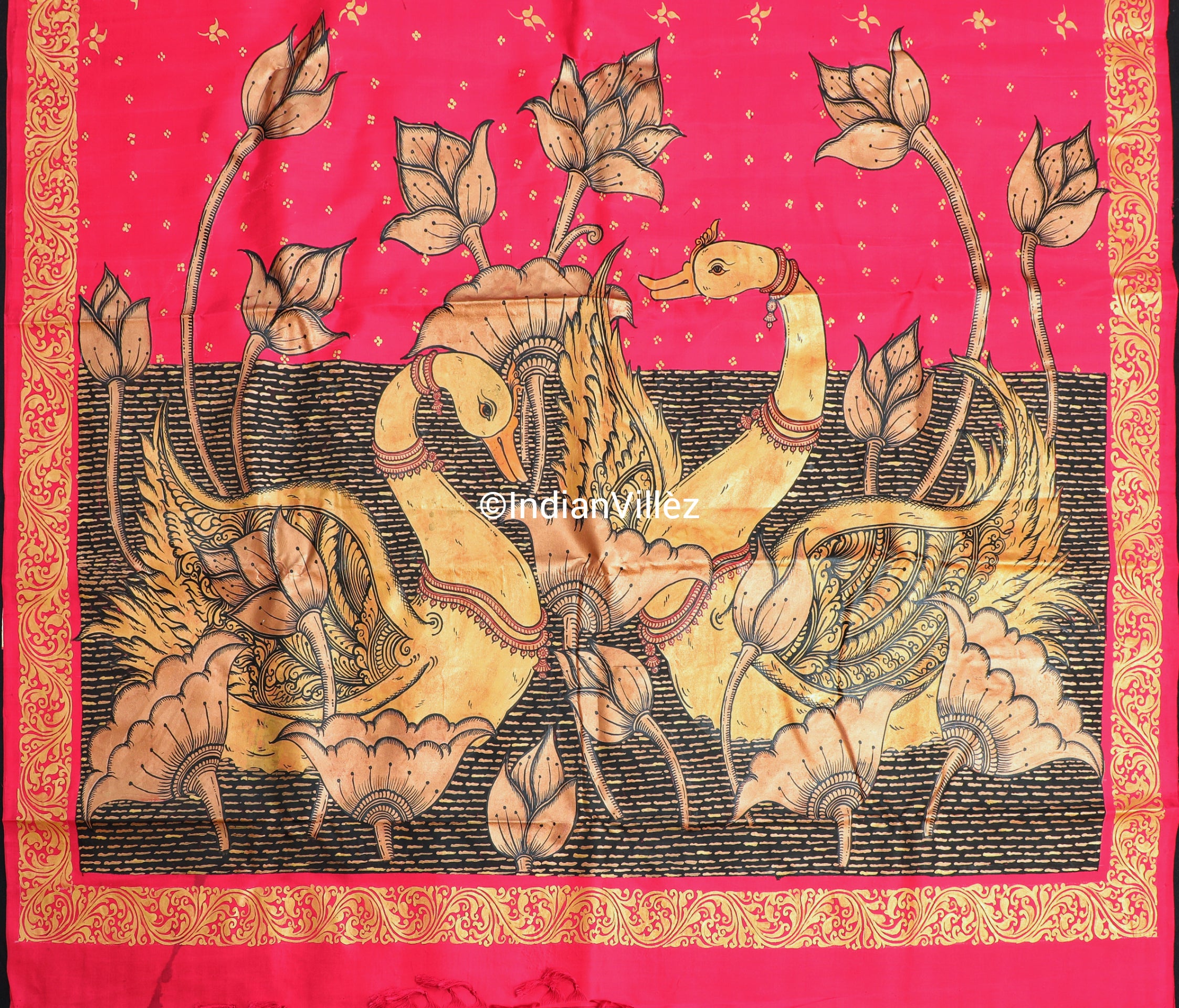 Royal Pink Swan Pattachitra Silk Handloom Saree