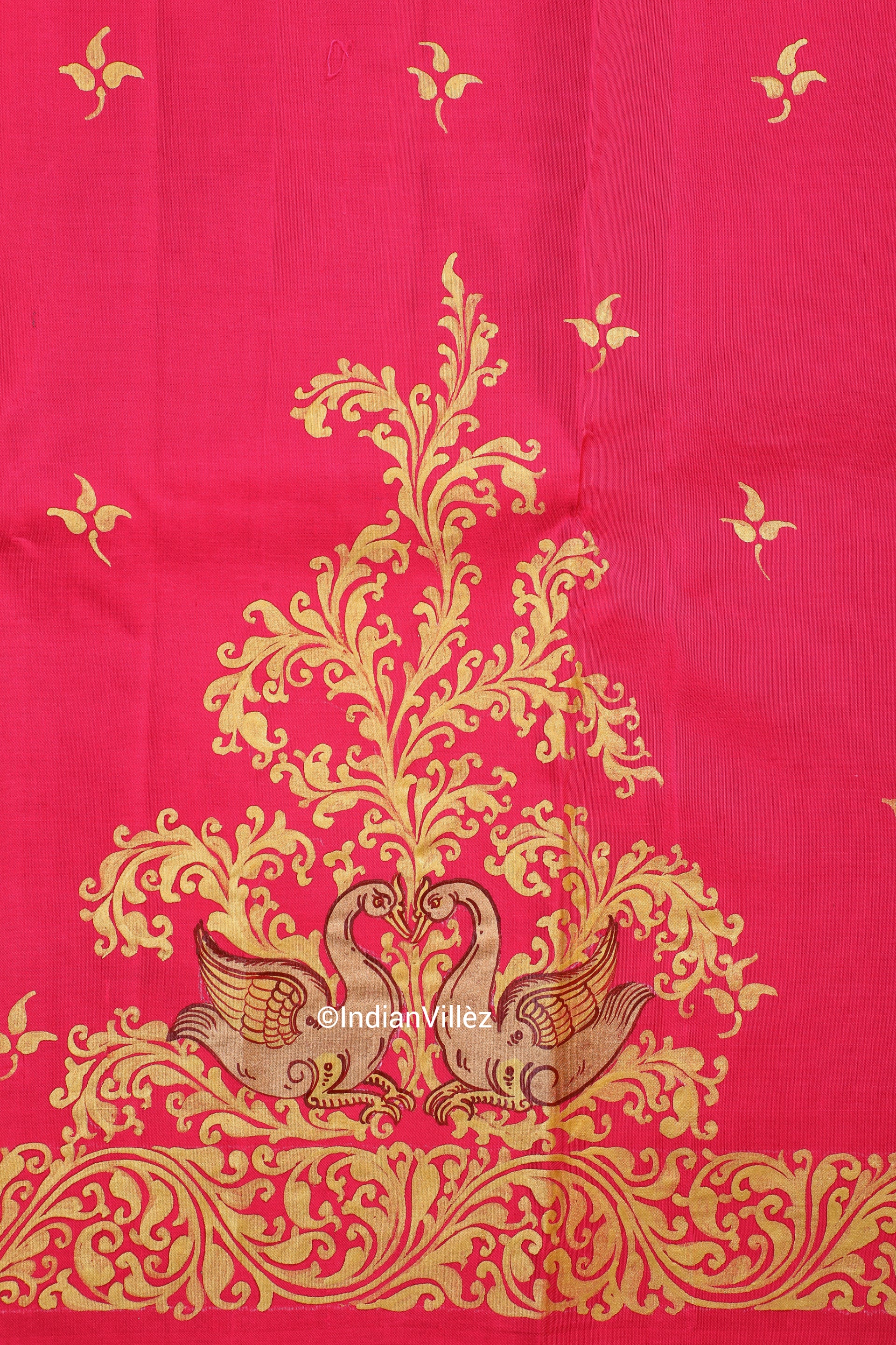 Royal Pink Swan Pattachitra Silk Handloom Saree