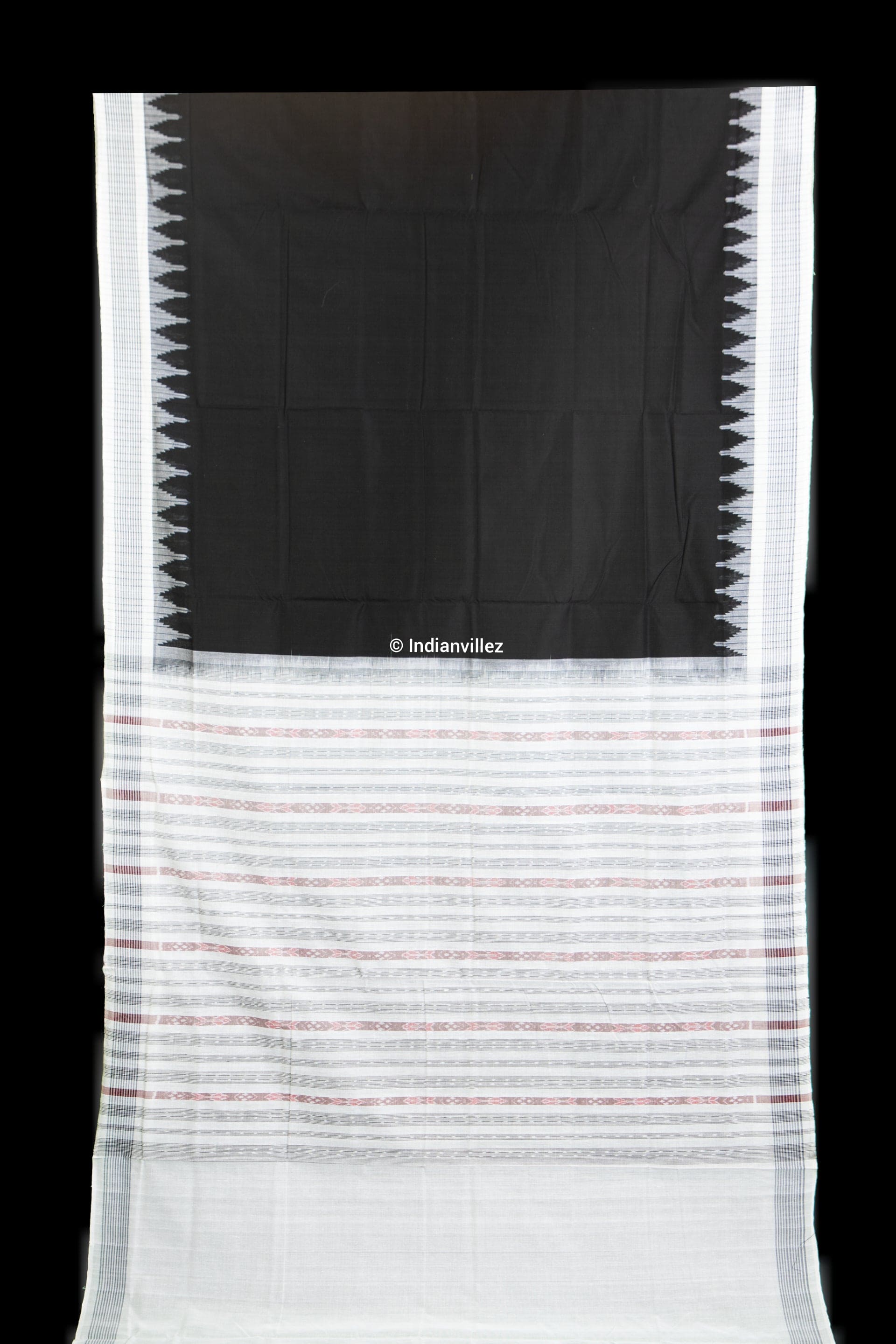 Black & White Phoda Kumbha Sambalpuri Ikat Odisha Handloom Cotton Saree - IndianVillez