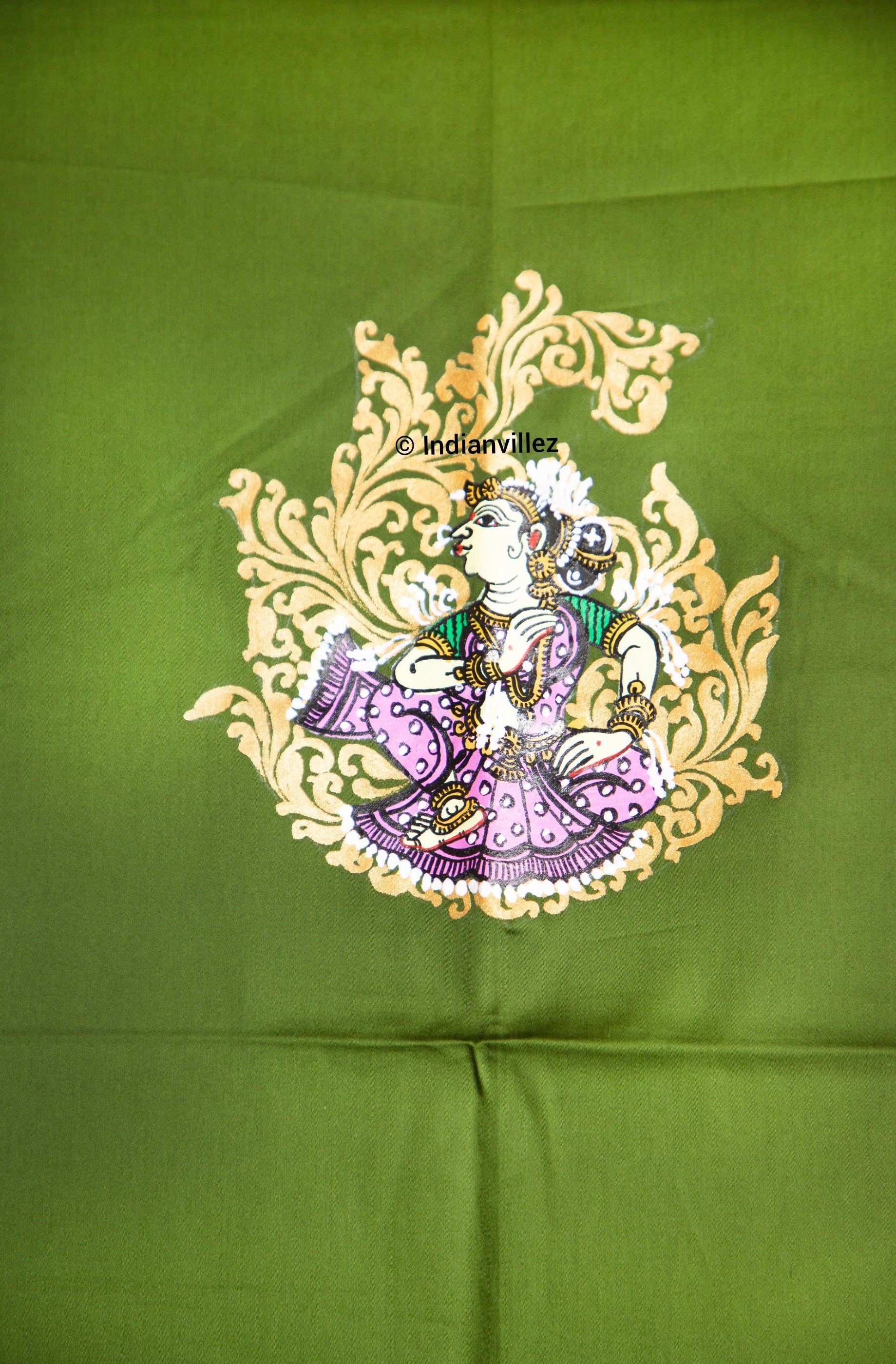 Green Pattachitra Kurti Dress on Silk*Cotton Material - Indianvillez