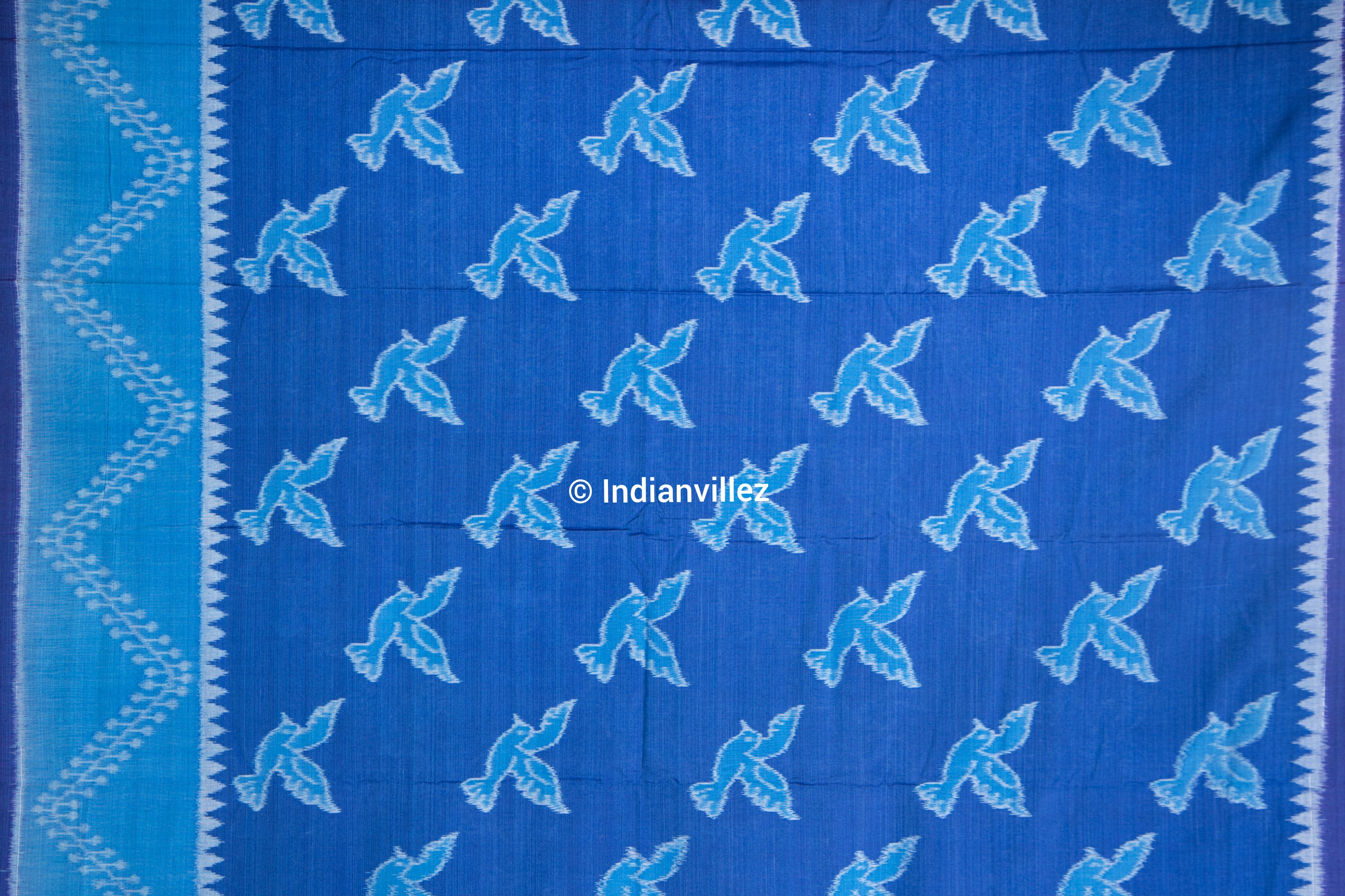 Indigo Blue Violet Bird Cotton Sambalpuri Ikat Odisha Handloom Saree - Indianvillez