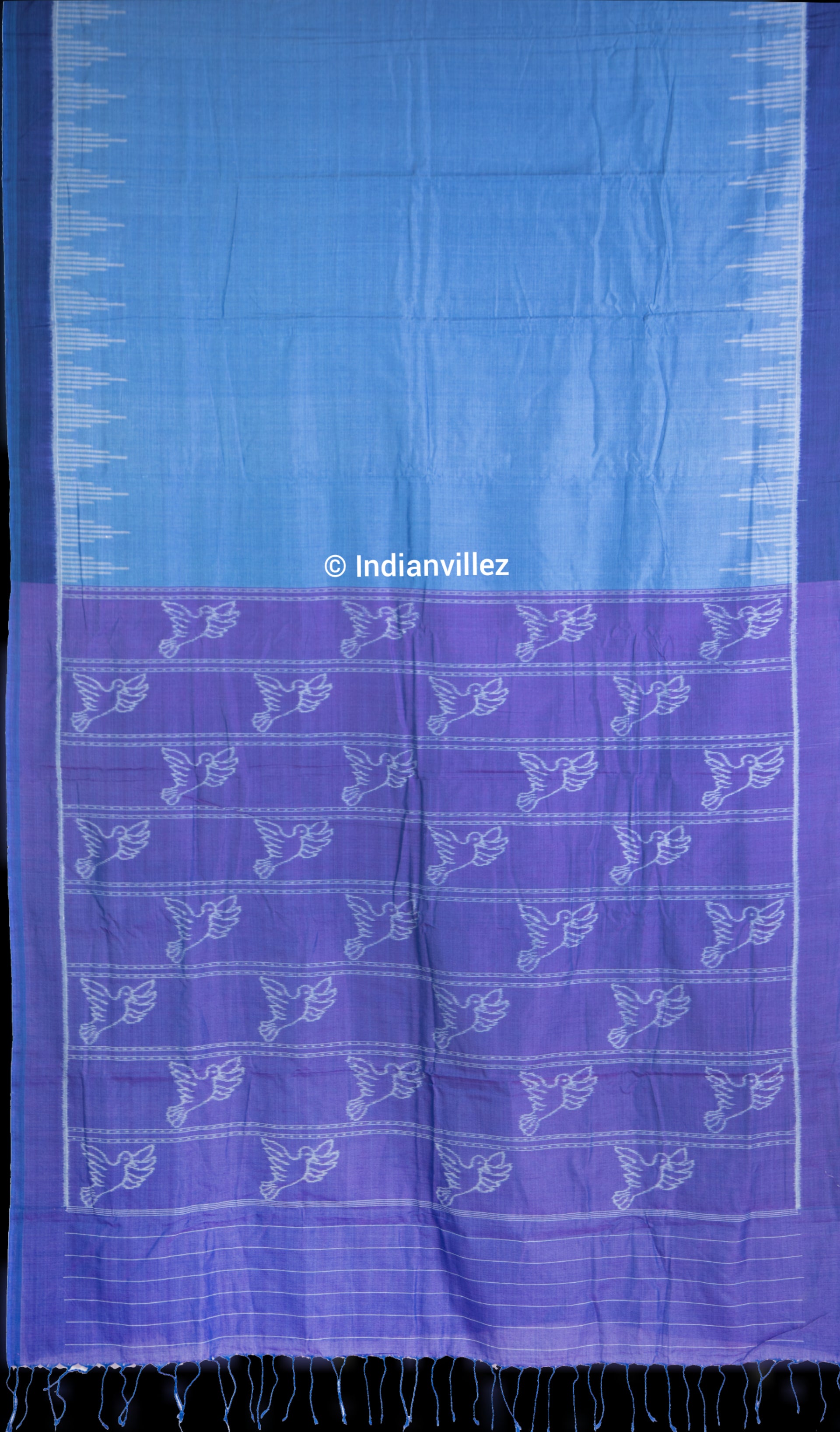 Indigo Blue Violet Bird Cotton Sambalpuri Ikat Odisha Handloom Saree - Indianvillez