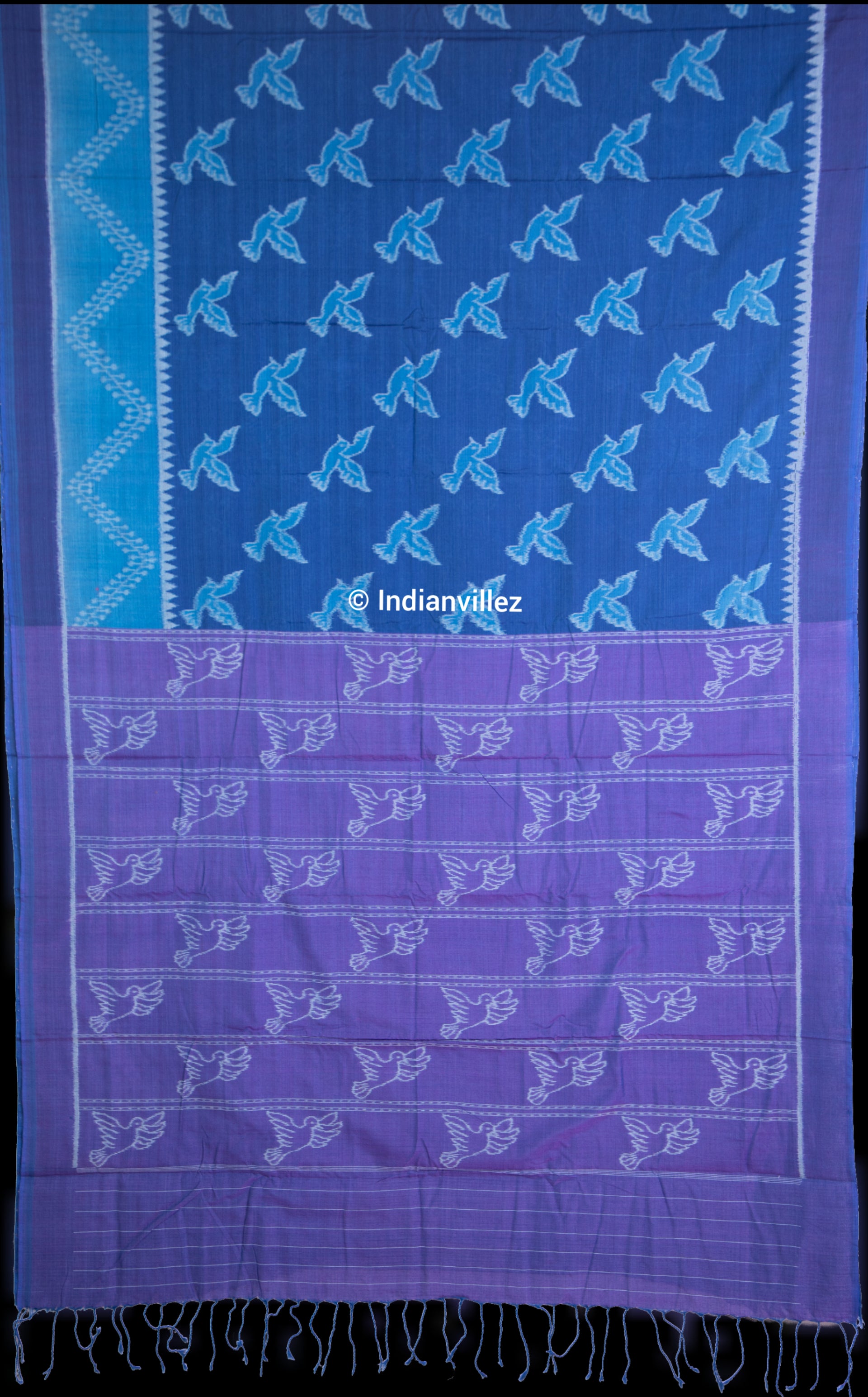 Indigo Blue Violet Bird Cotton Sambalpuri Ikat Odisha Handloom Saree - Indianvillez